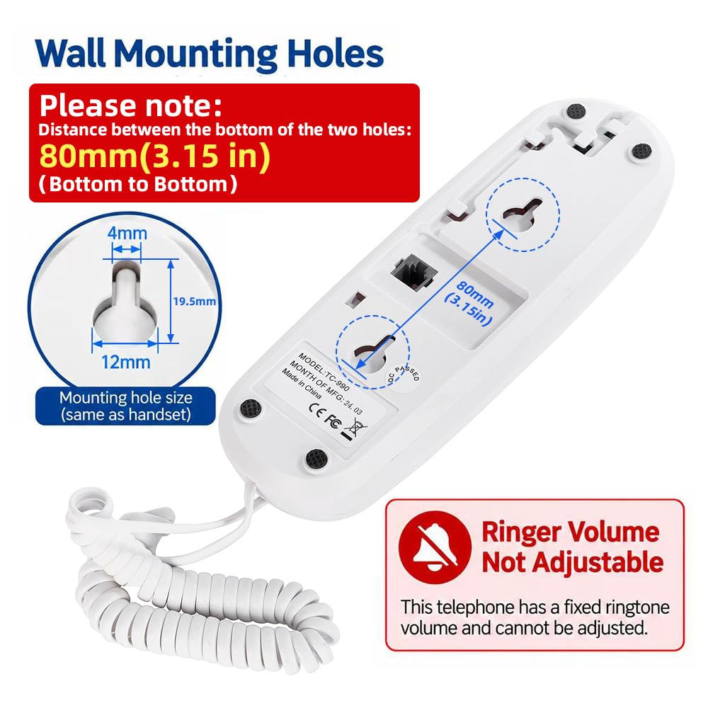 White OF-990 Slimline Wall-Mountable Basic Corded Telephone No AC Power Required
