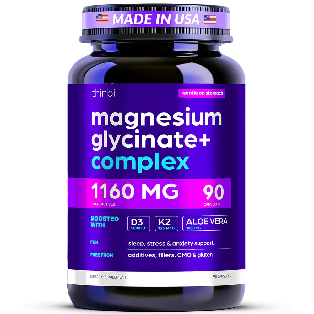 Thinbi Magnesium Glycinate Complex for Women & Men, D3, K2 & Aloe, 90 Caps