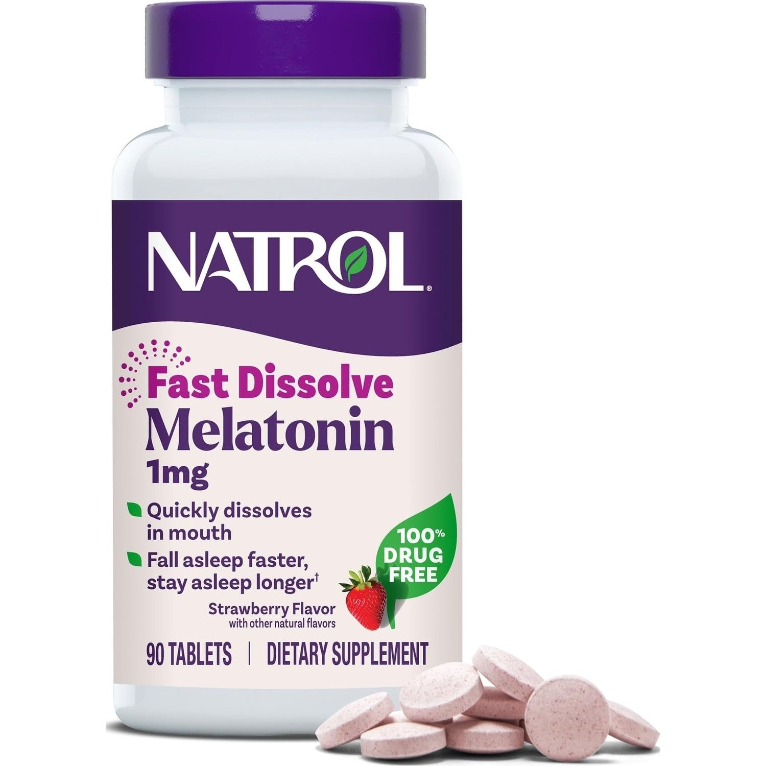 Natrol Melatonin 1 mg Fast Dissolve Tablets, Strawberry, 200 Count | Nighttime Sleep-Aid for Adults, 100% Drug-Free, Non-Habit Forming, For Occasional Sleeplessness, Supports Circadian Rhythm