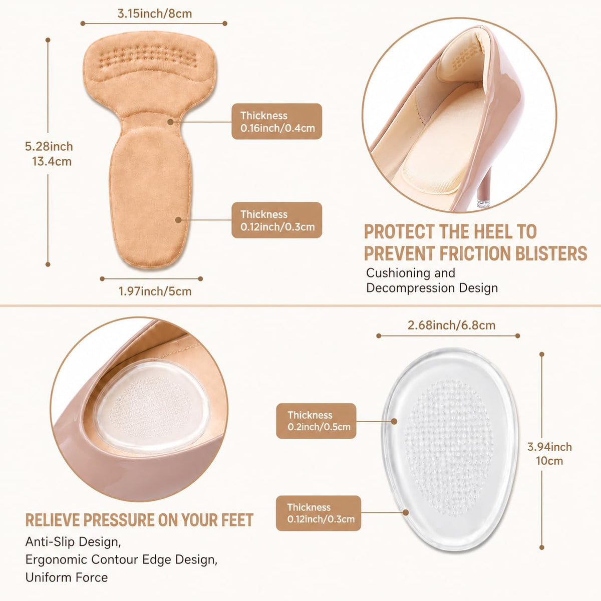 Heel Grips for Shoes Too Big, 7 Pairs Heel Pads Inserts for Women’s Shoes, T-Shape Heel Cushion Liners, Thin Heel Protectors and Ball of Foot Cushions for High Heels Flats