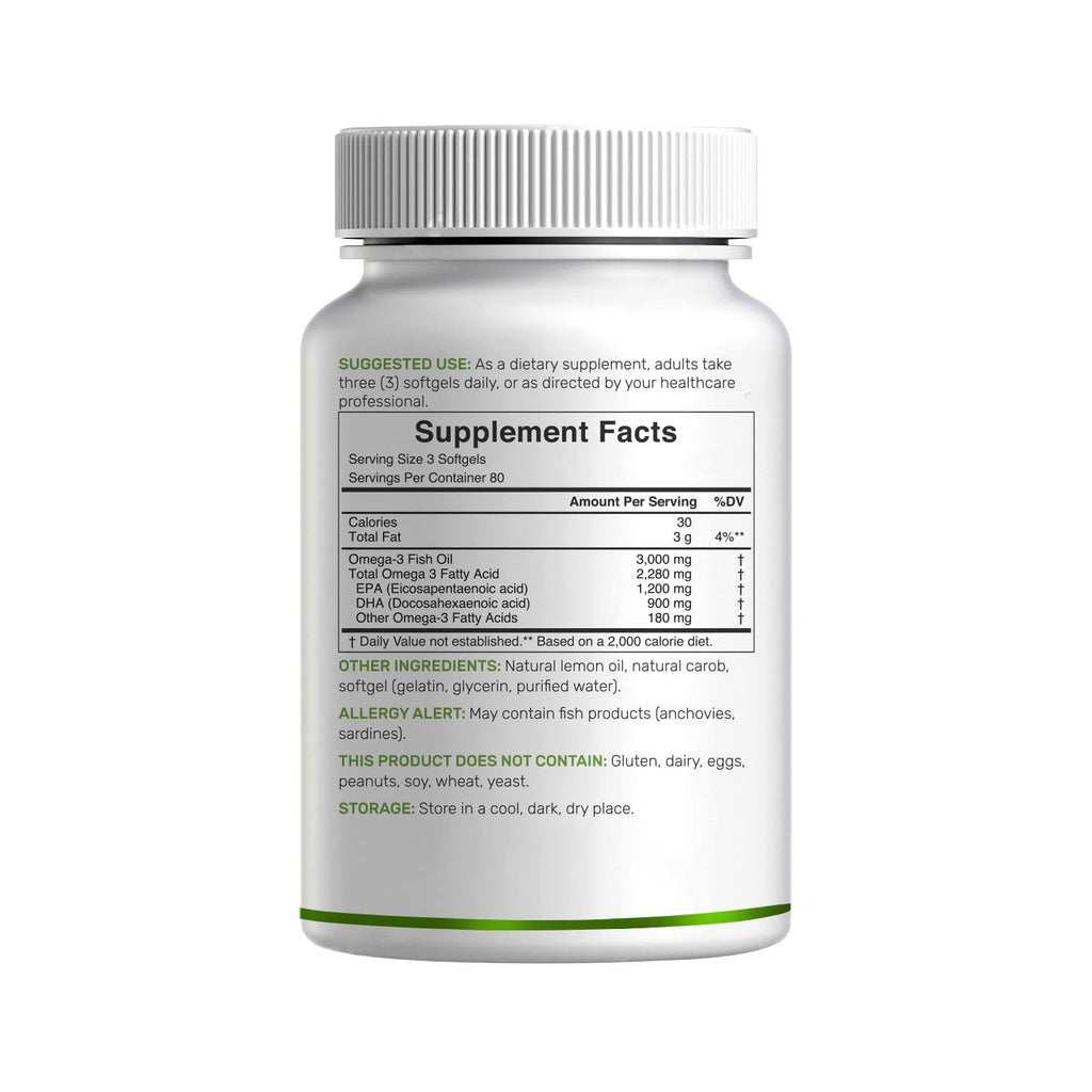 DEAL SUPPLEMENT Omega 3 Fish Oil Supplements, 3,000mg Per Serving, 240 Softgels – EPA 1,200mg + DHA 900mg – Burpless Pills, Lemon Flavored, Wild Caught – Brain & Heart Support – Mercury Free, Non-GMO