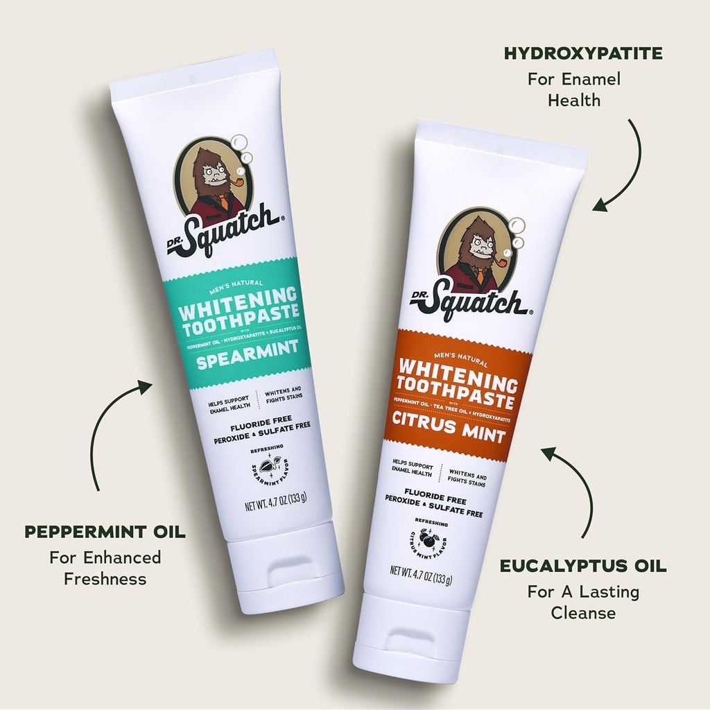Dr. Squatch Hydroxyapatite Toothpaste Whitening - Natural, Fluoride-Free Toothpaste - Enamel Support - Day & Night Set - Citrus Mint & Spearmint, (4.7 oz, 2-Pack)