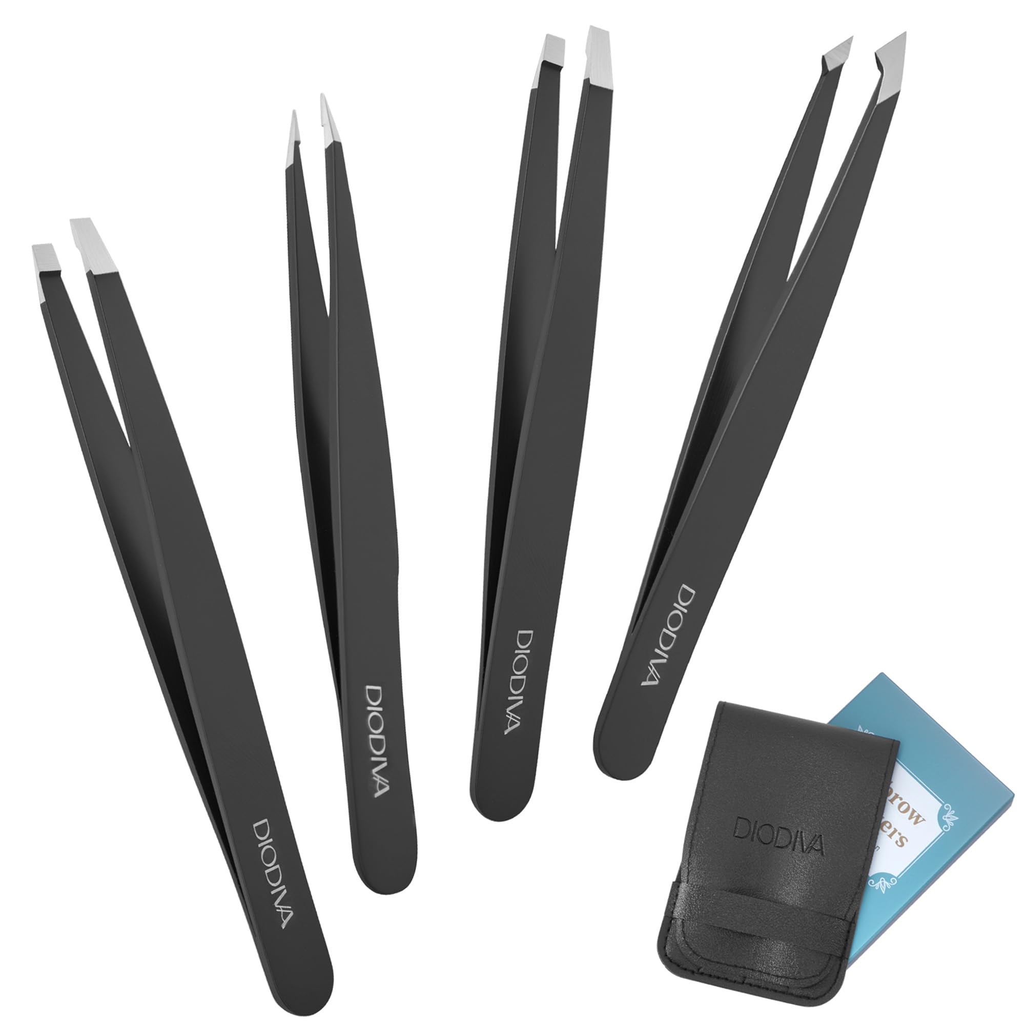 2-Pack Tweezers for Eyebrows, Facial Hair, Ingrown Hair Removal, Slant and Point Tip Tweezer Set for Women and Men, Professional Stainless Steel Precision Eyebrow Plucking Grooming with Case - Black