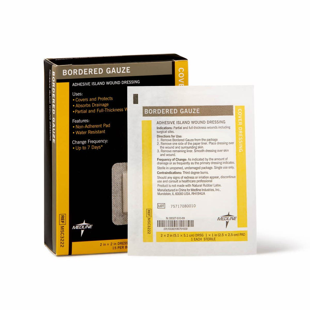 Medline Bordered Gauze, 2" x 2" Adhesive Island Wound Dressing, Sterile, 15 Count