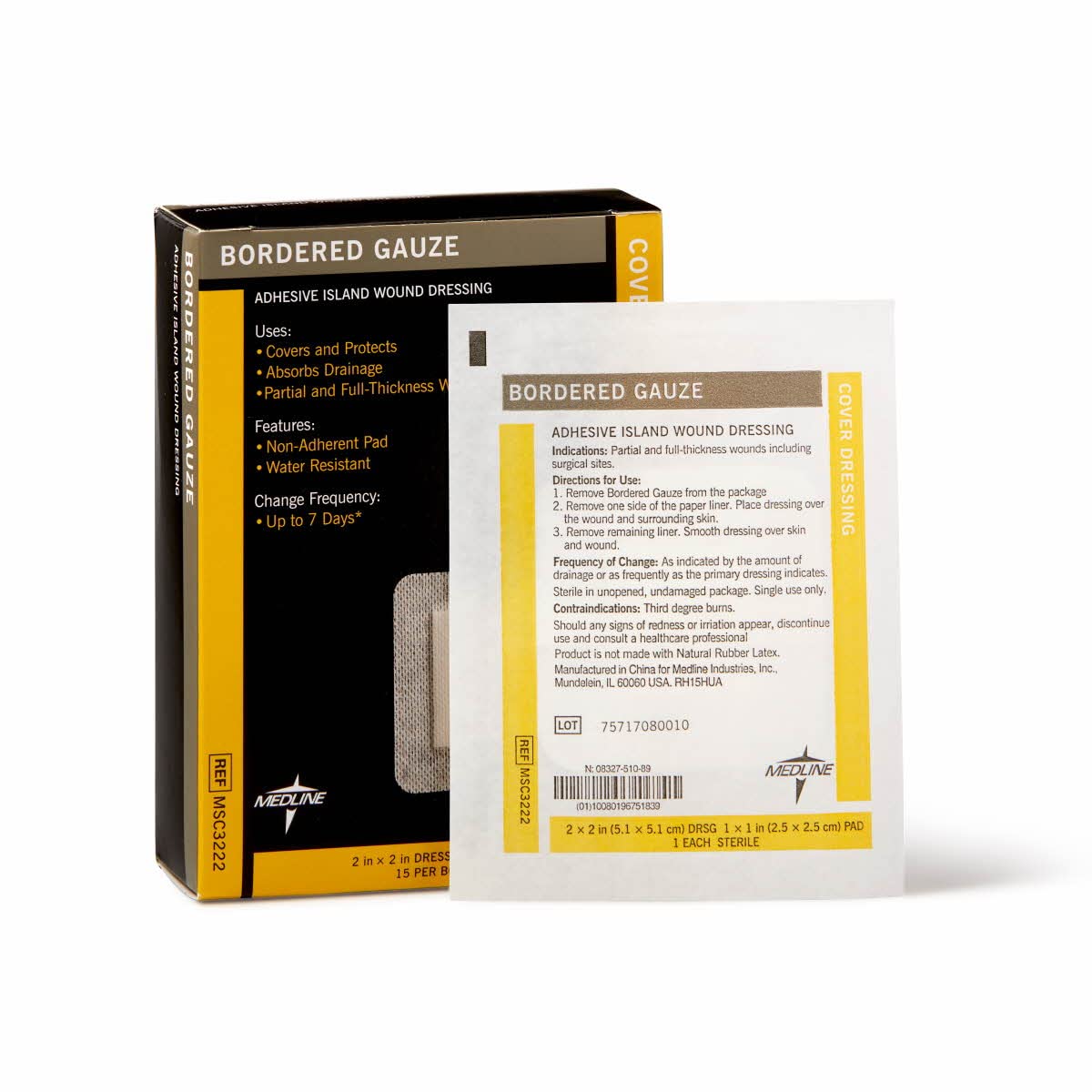 Medline Bordered Gauze, 2" x 2" Adhesive Island Wound Dressing, Sterile, 15 Count