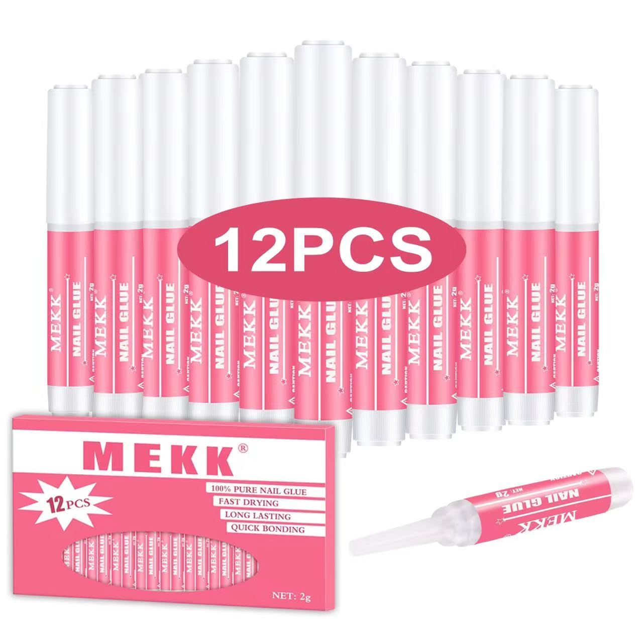 MEKK Nail Glue,Super Strong Nail Glue for Press Ons,Acrylic Nails,Nail Tips | 2g X 12Pcs,4 Weeks Long-Lasting,3-5s Quick Air Dry,Safe Formula,Professional Nail Glue for Home DIY & Salon Use,Nail Supplies