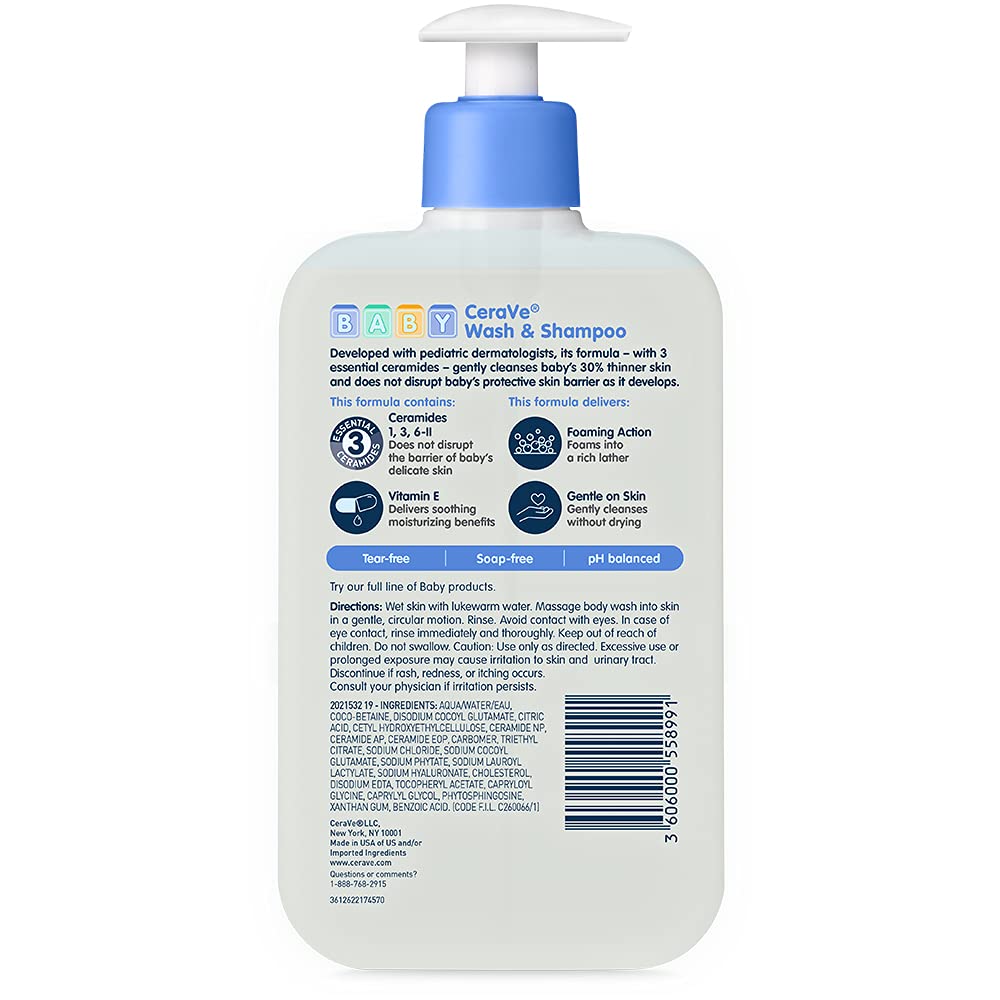 CeraVe Baby 2-in-1 Wash & Shampoo with Vitamin E for Hair & Skin, 16oz | Tear-Free Wash For Baby Hair and Skin with Vitamin E, Fragrance-Free, Paraben-Free, Dye-Free, Phthalates-Free, Sulfate-Free