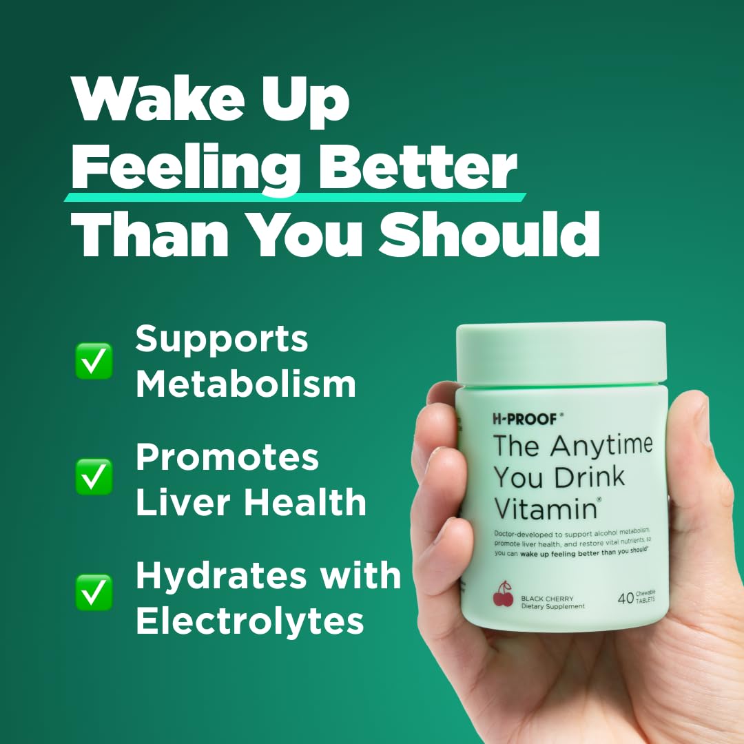 H-PROOF The Anytime You Drink Vitamin, Green Apple, 40 Chewable Tablets | 20 Servings, Supports Liver Health, Replenishes Electrolytes for Hydration, DHM, Milk Thistle, L-Glutathione, Vitamins B & C