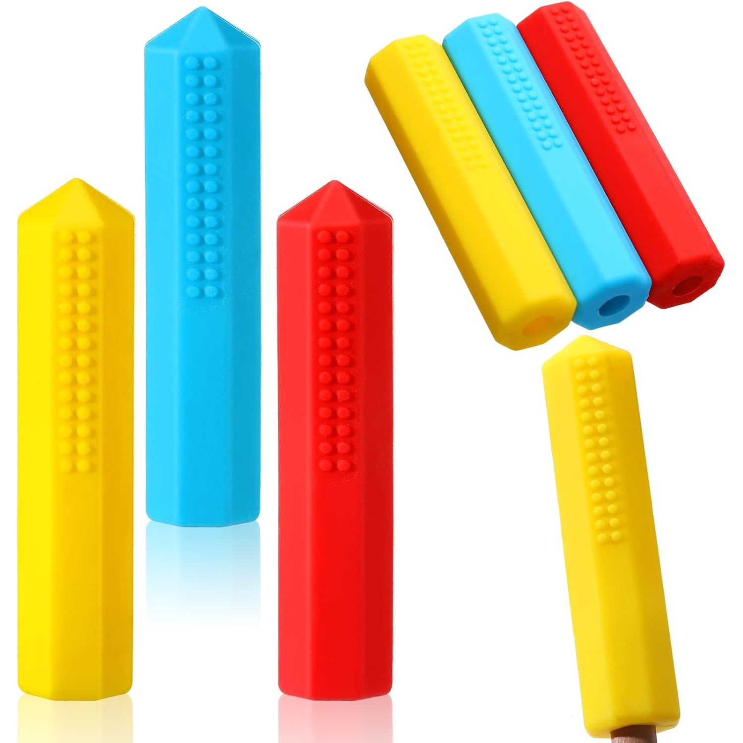 Buy now Eersida 6 Pieces Sensory Chew Pencil Toppers Set Chewable Pencil Toppers Chew Toys for Sensory Kids Boys and Girls, Oral Motor Needs(Red, Blue, Green) Red,blue,yellow at indiglob india