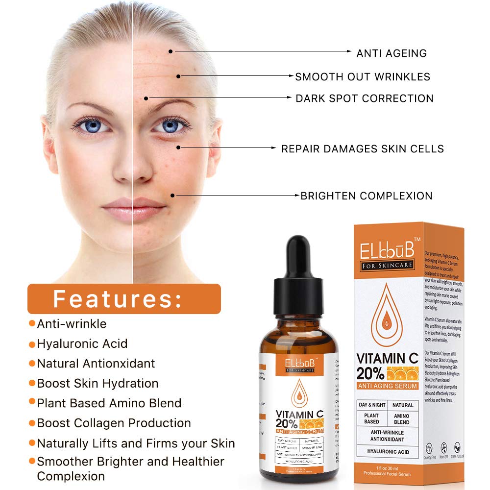 Buy now Premium 20% Vitamin C Serum For Face with Hyaluronic Acid, Retinol & Amino Acids - Boost Skin Collagen,Hydrate & Plump Skin, Anti Aging & Wrinkle Facial Serum at indiglob india