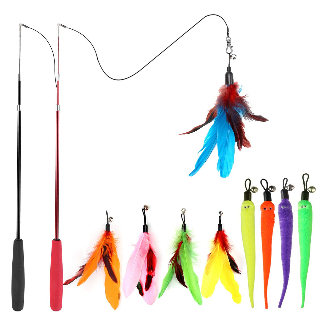 MeoHui Cat Toys for Indoor Cats, Interactive Cat Toy 2PCS Retractable Wand Toy and 9PCS Cat Feather Toys Refills, Funny Kitten Toys Cat Fishing Pole Toy for Bored Indoor Cats Chase and Exercise