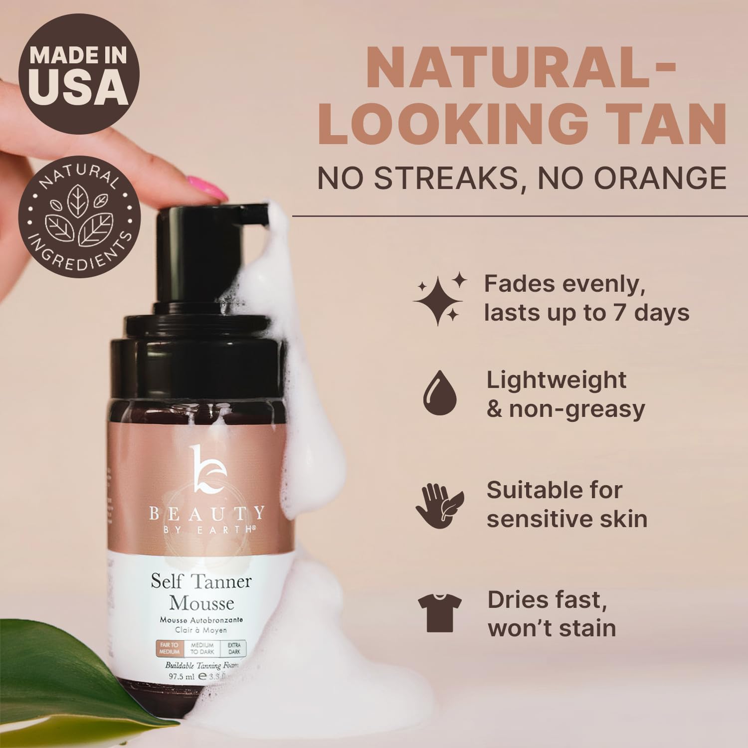 Buy now Self Tanner Mousse - USA Made with Natural & Organic Ingredients, Self Tanning Mousse for Fake Tan, Sunless Tanner for Pale Skin, Clear & Non Toxic Tanning Foam for Streak Free Finish, No Orange Color at indiglob india