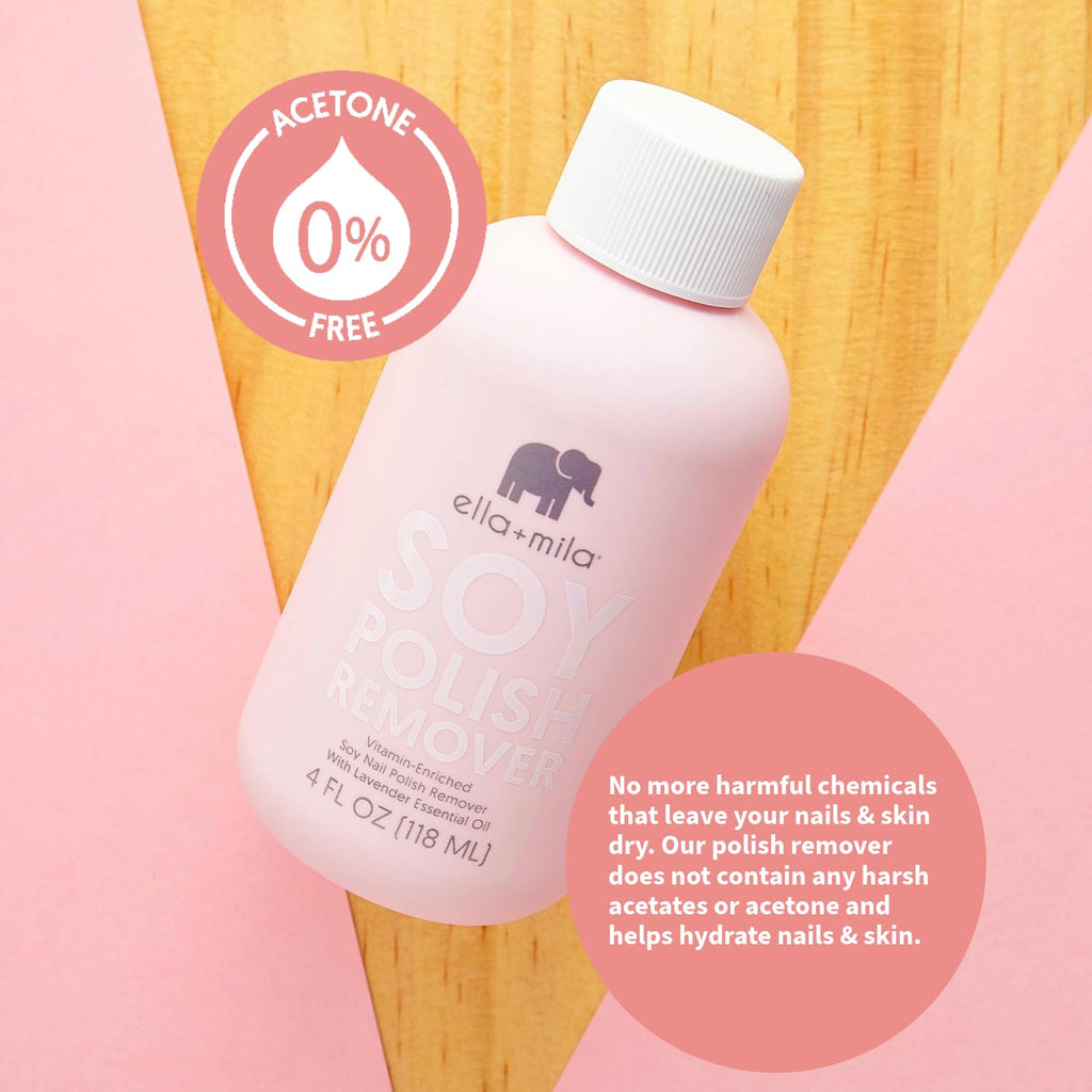 ella+mila Soy Nail Polish Remover - Non-Acetone with Lavender Oil, 4 fl oz | Soy-based non-acetone remover; lavender oil; vitamins A, C & E; gentle on bare nails; vegan; 4 fl oz