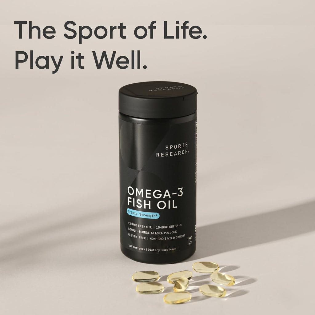 Buy now Sports Research Triple Strength Omega 3 Fish Oil - Burpless Fish Oil Supplement w/EPA & DHA Fatty Acids from Single-Source Wild Alaskan Pollock - 1250 mg, 180 ct at indiglob india