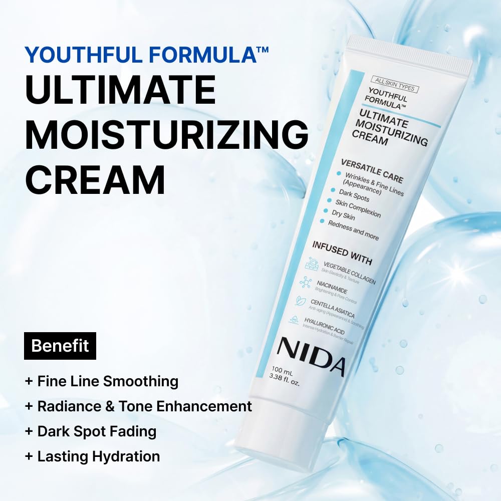 NIDA Youthful Formula™ Ultimate Moisturizing Cream | Centella Asiatica, Niacinamide, Hyaluronic Acid, Collagen | Wrinkles, Fine Lines, Dark Spots, Dry Skin, Redness | 3.38 fl. oz., 100ml