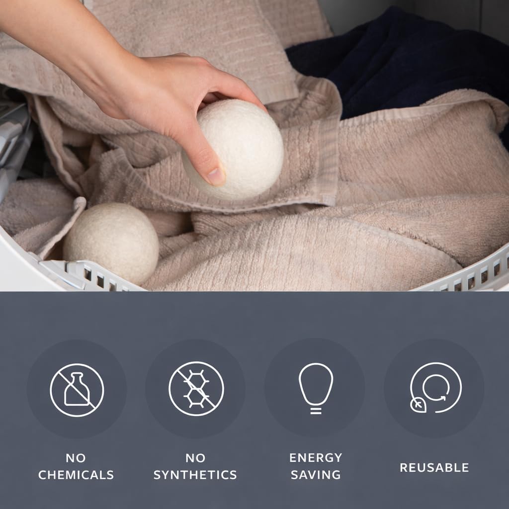 Premium New Zealand Wool Dryer Balls - 6-Pack, 100% Organic, Hand-Felted, Reusable, Reduce Drying Time - Natural Fabric Softening, Wrinkle & Static Reduction