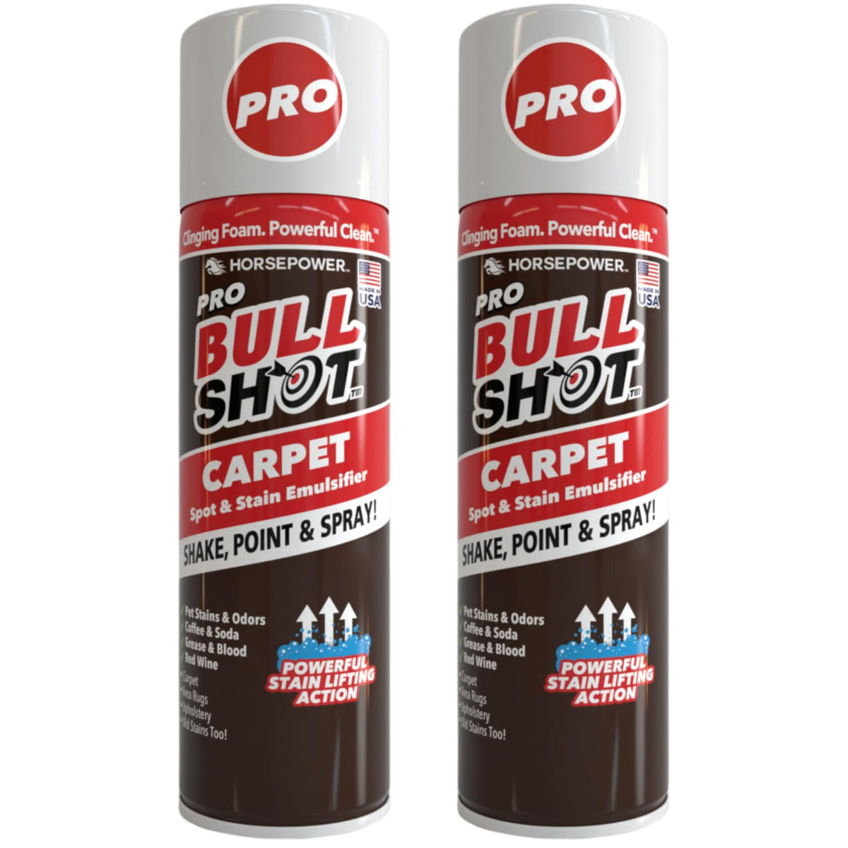 Bull Shot Carpet Spot & Stain Remover, AS SEEN ON TV, Made In USA, Just Point & Spray, Stain-Lifting Foam-Action, Pet Stains & Odors, Coffee, Soda, Wine, Stains, 2 Pack