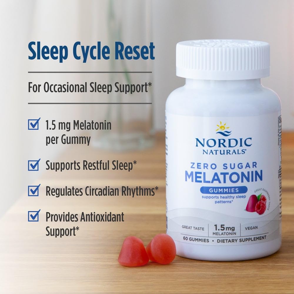 Nordic Naturals Melatonin Gummies, Sugar Free, 1.5mg Raspberry - 60 Count | Zero sugar melatonin gummies w/ 1.5 mg per serving for restful sleep and antioxidant support. Raspberry flavor, vegan formula
