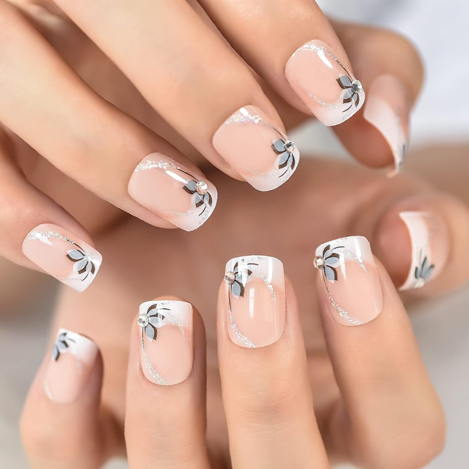Buy now EchiQ Pearl Shine Glossy Fake Nails Shimmer White Square French Nail Ombre Faux Ongles Gradient Medium Fingernails with Gluetabs Black flower at indiglob india