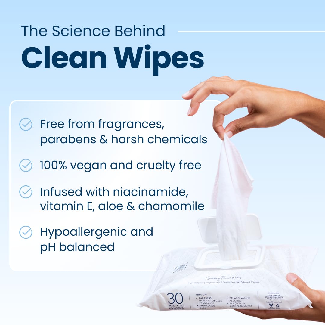 Clean Skin Club Clean Wipes, XL Makeup Remover Face Wipes, Textured Cleansing Facial Wipes for Sensitive Skin, Hypoallergenic, Fragrance-Free, Vegan, 40% Bigger, 30 Count