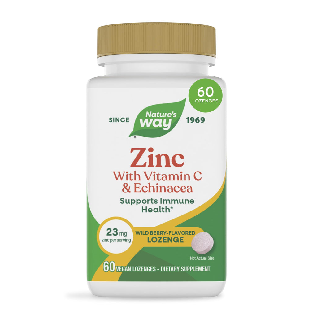 Nature's Way Zinc Lozenges with Vitamin C & Echinacea, Wild Berry, 60 ct | Zinc Supplements for Men and Women, Convenient Lozenge Supports Immune Health and Function*, Vegan, Wild Berry Flavored