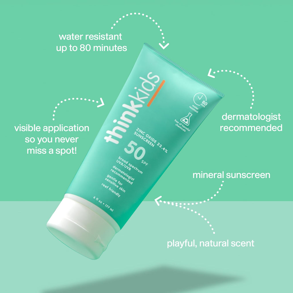 Thinkkids Kids Sunscreen SPF 50+, Mineral Formula, Water Resistant, 6 Fl Oz