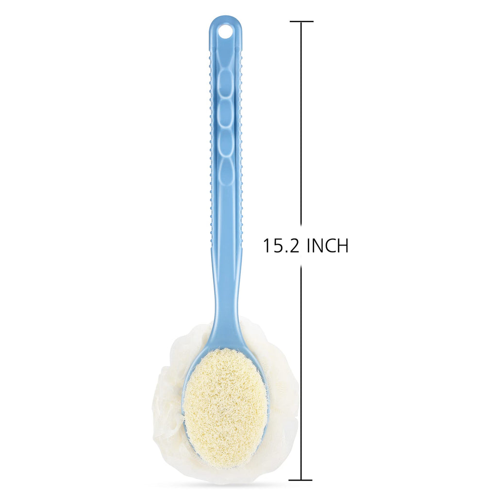Shower Body Brush Bristles & Mesh Loofah Sponge,Curved Handle Back Scrubber | Long Handle Bath Brush with Mesh Sponge for Skin Exfoliating,Massage Bristles Suitable for Wet or Dry,Men & Women(Blue)