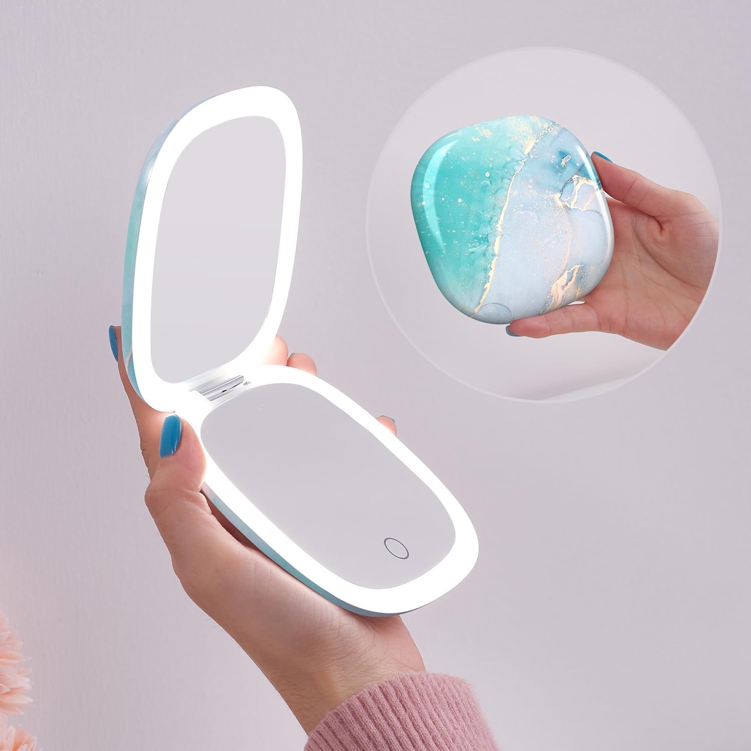 Buy now Mocado Compact LED Magnifying Makeup Mirror 4â€³ â€“ 1X/10X Double-Sided Dimmable Touch Mirror | USB Rechargeable Portable Travel Cosmetic (Rose Gold) Blue Marble at indiglob india