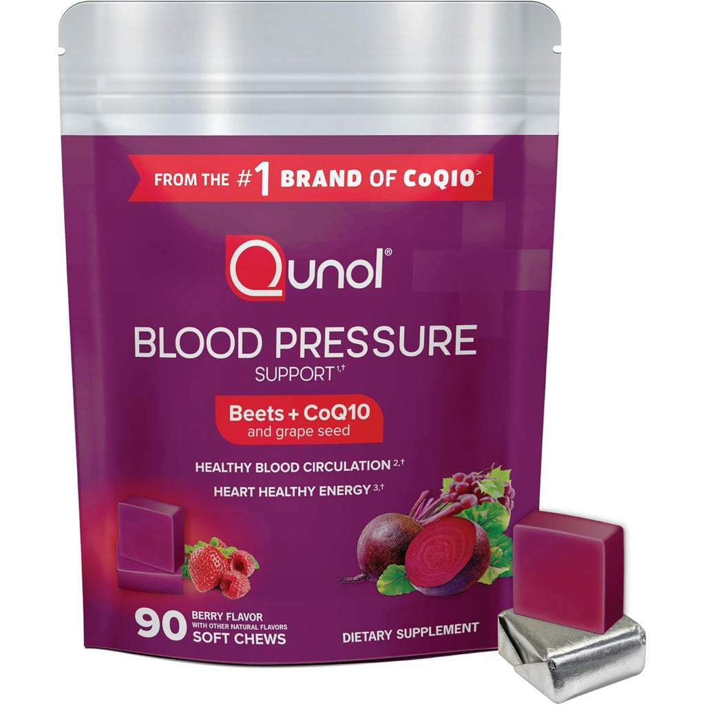 Qunol 3-in-1 Beet Roots Chews with CoQ10, Blood Pressure Support, 60ct | Supports Healthy Blood Circulation & Heart Healthy Energy, From the #1 Brand of CoQ10, Vegetarian, No Synthetic Dyes