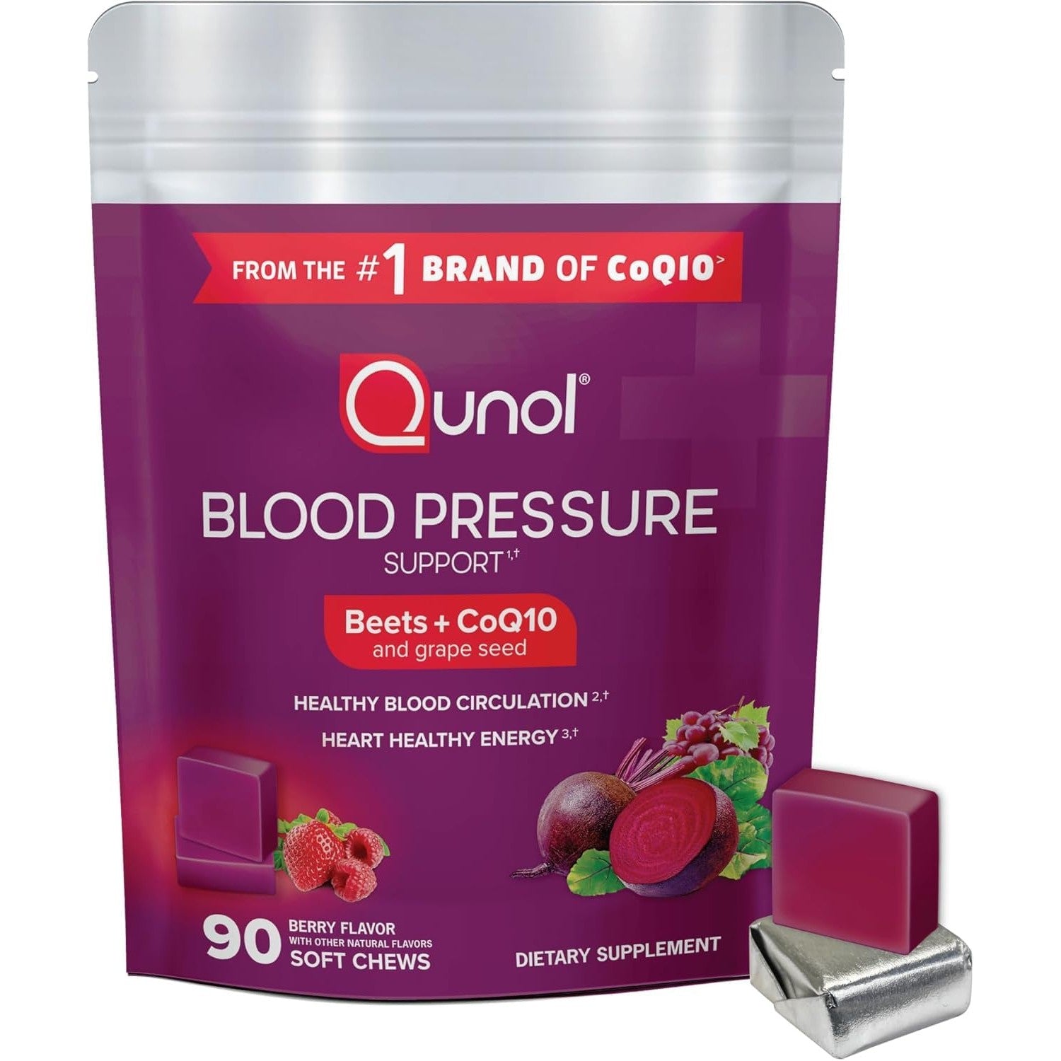 Qunol 3-in-1 Beet Roots Chews with CoQ10, Blood Pressure Support, 60ct | Supports Healthy Blood Circulation & Heart Healthy Energy, From the #1 Brand of CoQ10, Vegetarian, No Synthetic Dyes
