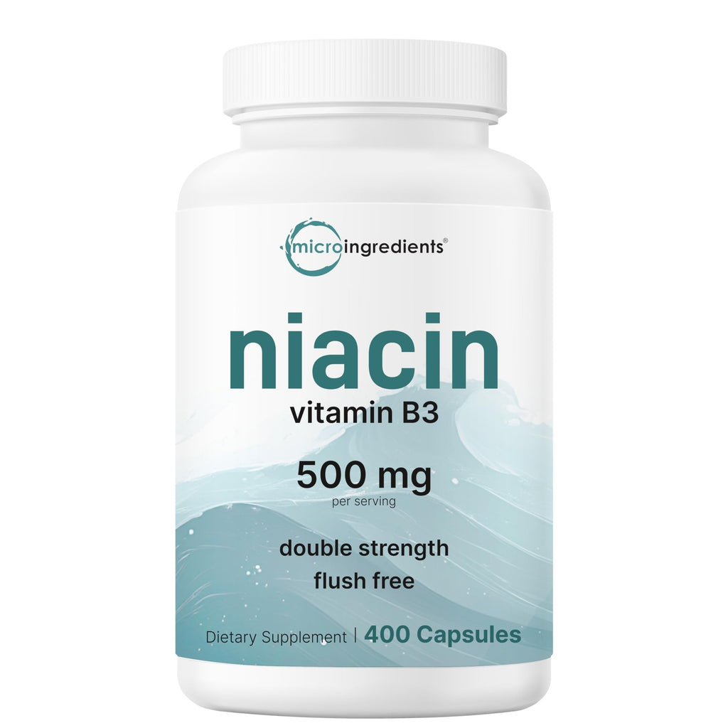 Micro Ingredients Niacin 500mg Per Serving, 400 Capsules | Flush Free B3 Vitamins | Double Strength Essential B Vitamin Supplement | Skin Care Health & Energy Support | Non-GMO, Gluten Free