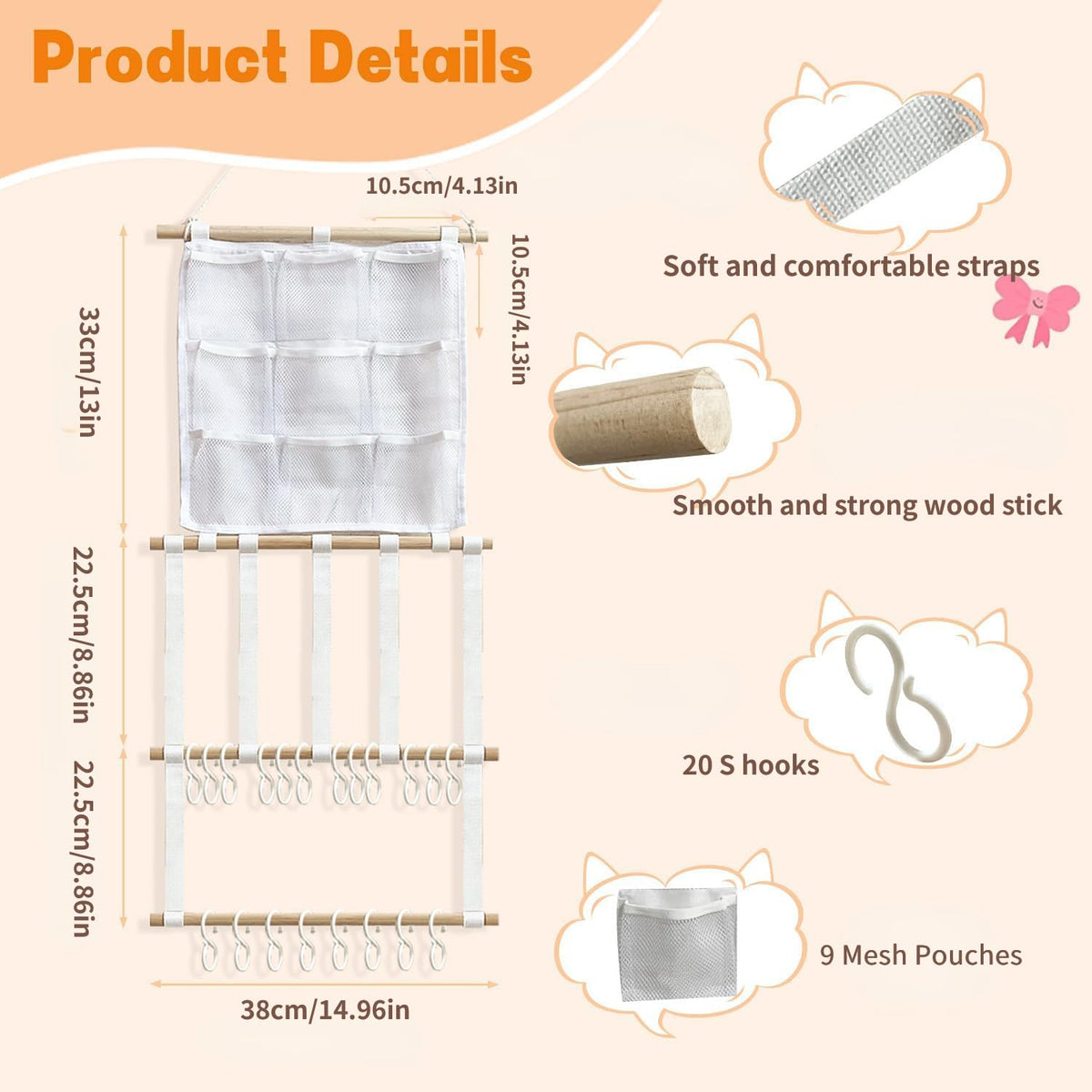 Headband Holder Hair Bows Organizer for Girls, Large Capacity Bow Holder, Pre-Assembled Hair Accessories Wall Hanging Organizer for Toddler Baby Girl Nursery Room Décor