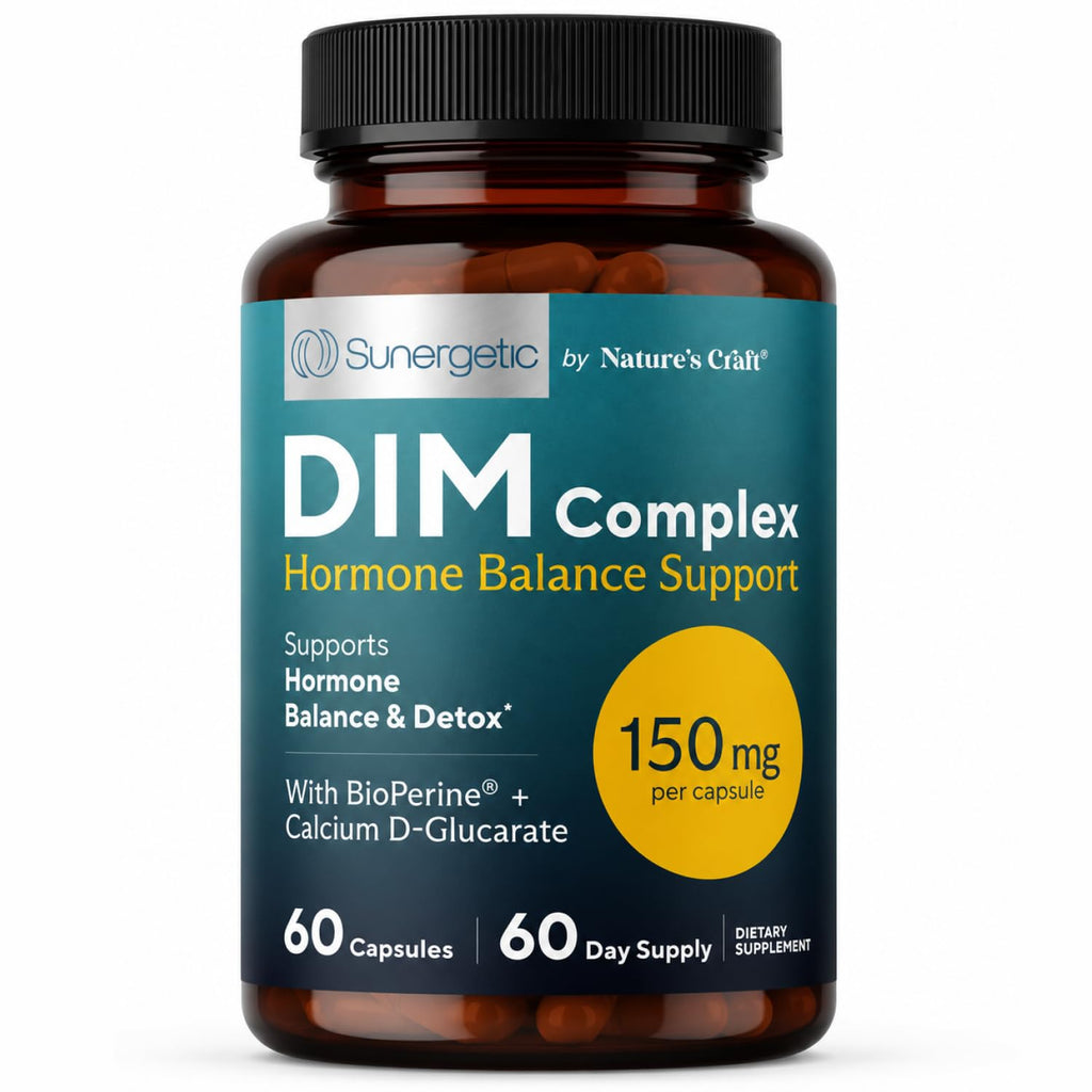 Sunergetic Premium DIM Supplement – 150mg diindolylmethane, Broccoli, Calcium D-Glucarate & Bioperine for Men & Women – DIM Complex for Menopause Support & Balance - 60 Capsules