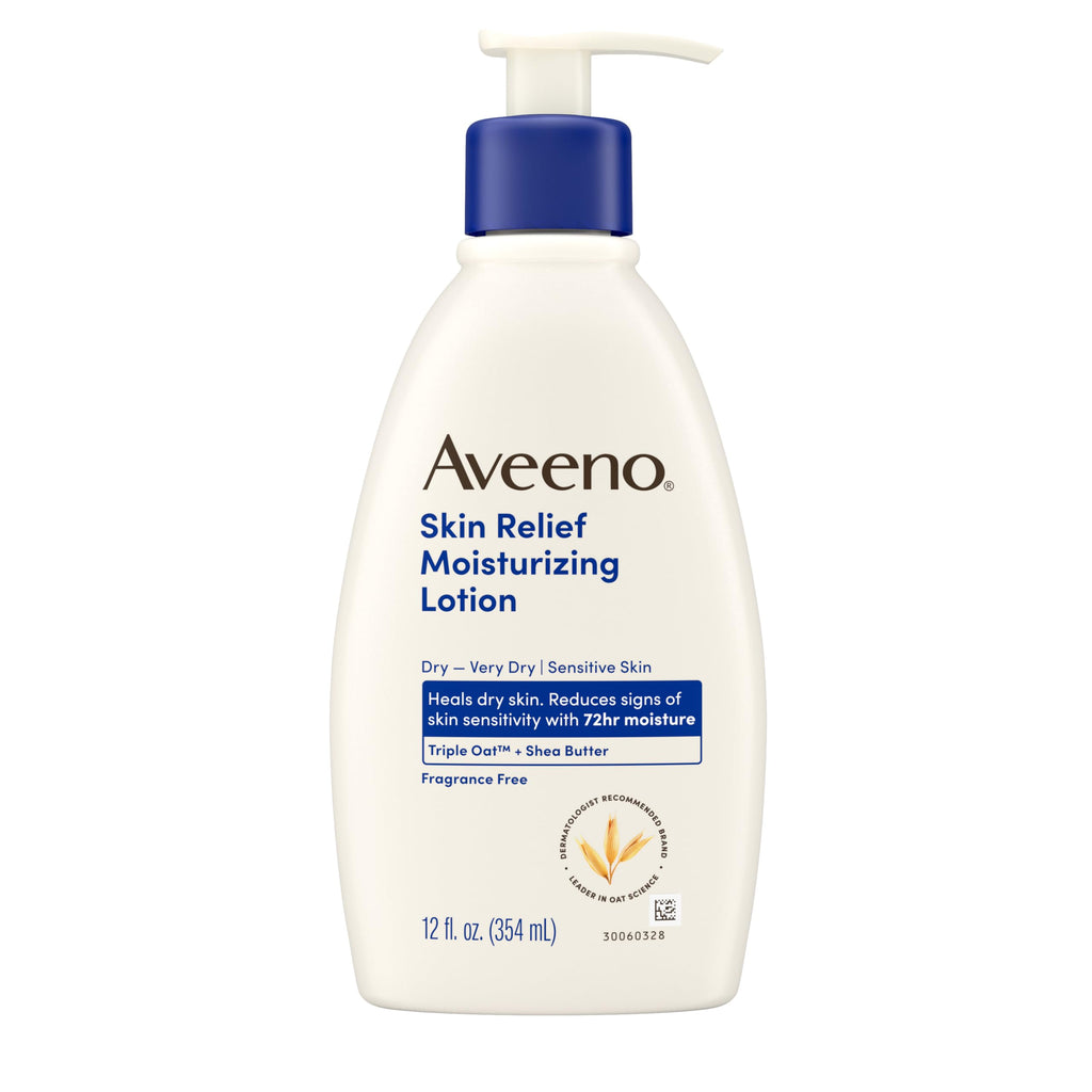 Aveeno Skin Relief Moisturizing Body Lotion Heals Very Dry, Sensitive Skin, Fast Absorbing Lotion with Soothing Triple Oat & Shea Butter Formula, Fragrance Free Lotion, Non-Comedogenic, 18 Fl Oz