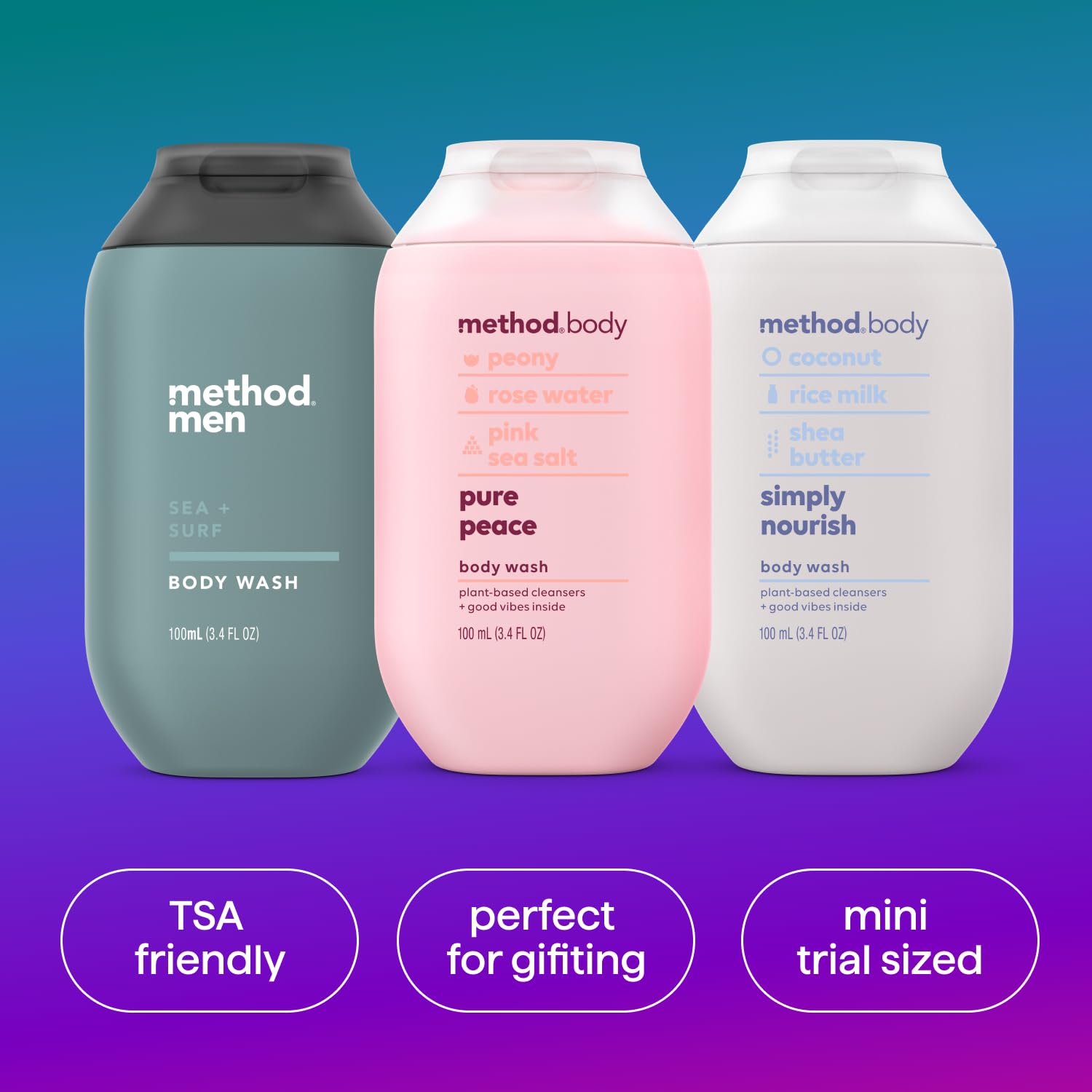 method Body Wash Gift Set, Pure Peace, Simply Nourish, Sea + Surf, 3.4 oz | Travel Size Bottles, Gift Set, Soothing Formulas, Leaves Skin Feeling Soft & Moisturized, Rich Lather, Made Without Parabens
