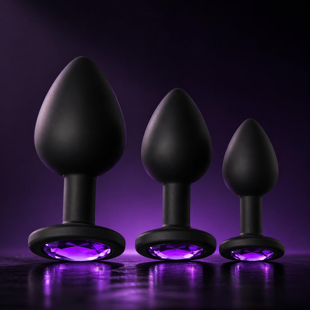 3PCS Silicone Jeweled Anal Butt Plug Training Set, Black