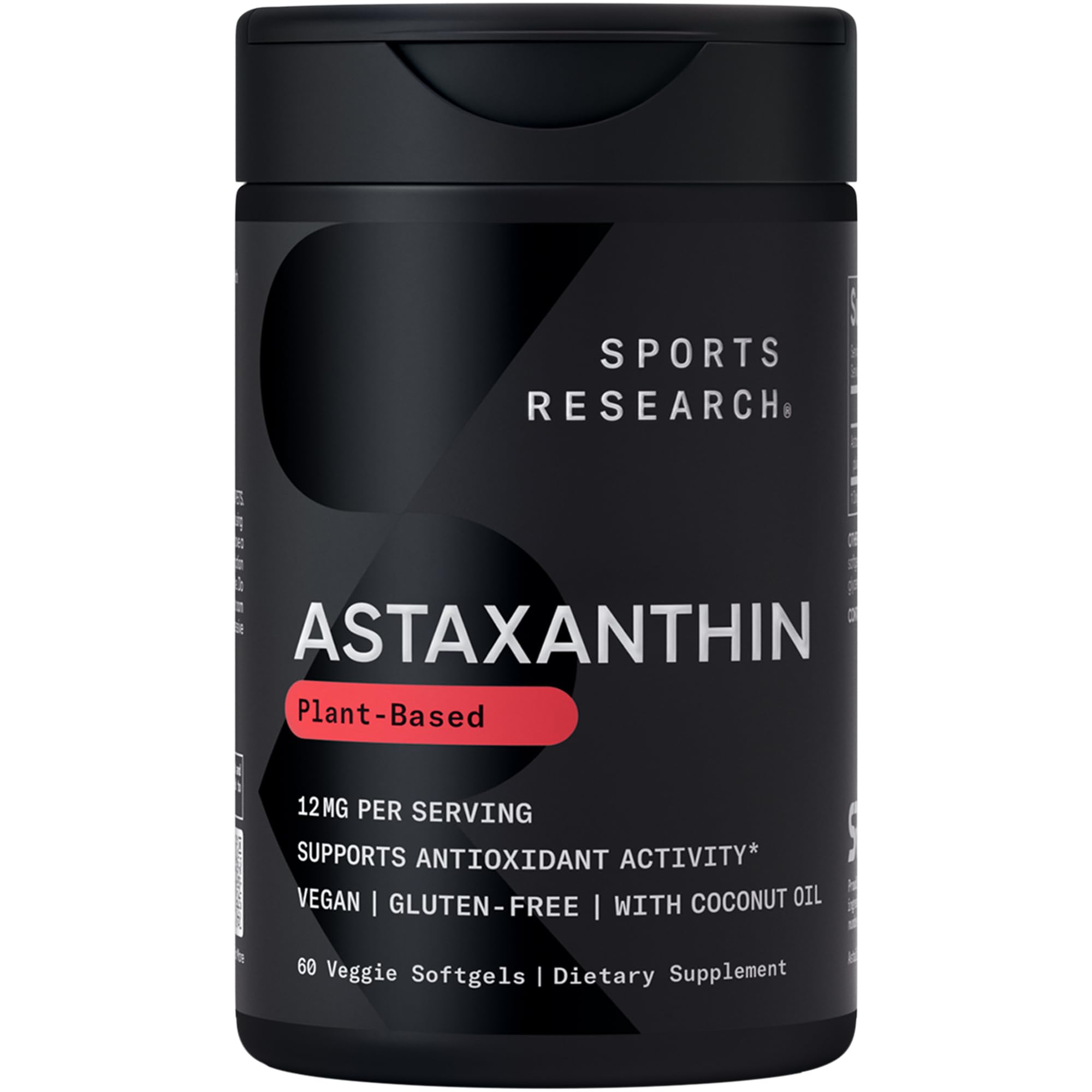 Sports Research® Vegan Astaxanthin 12mg w/Organic Coconut Oil, 60 Count | Plant-Based Antioxidant Supplement for Skin & Eye Health Support | Soy-Free, Non-GMO, Gluten-Free