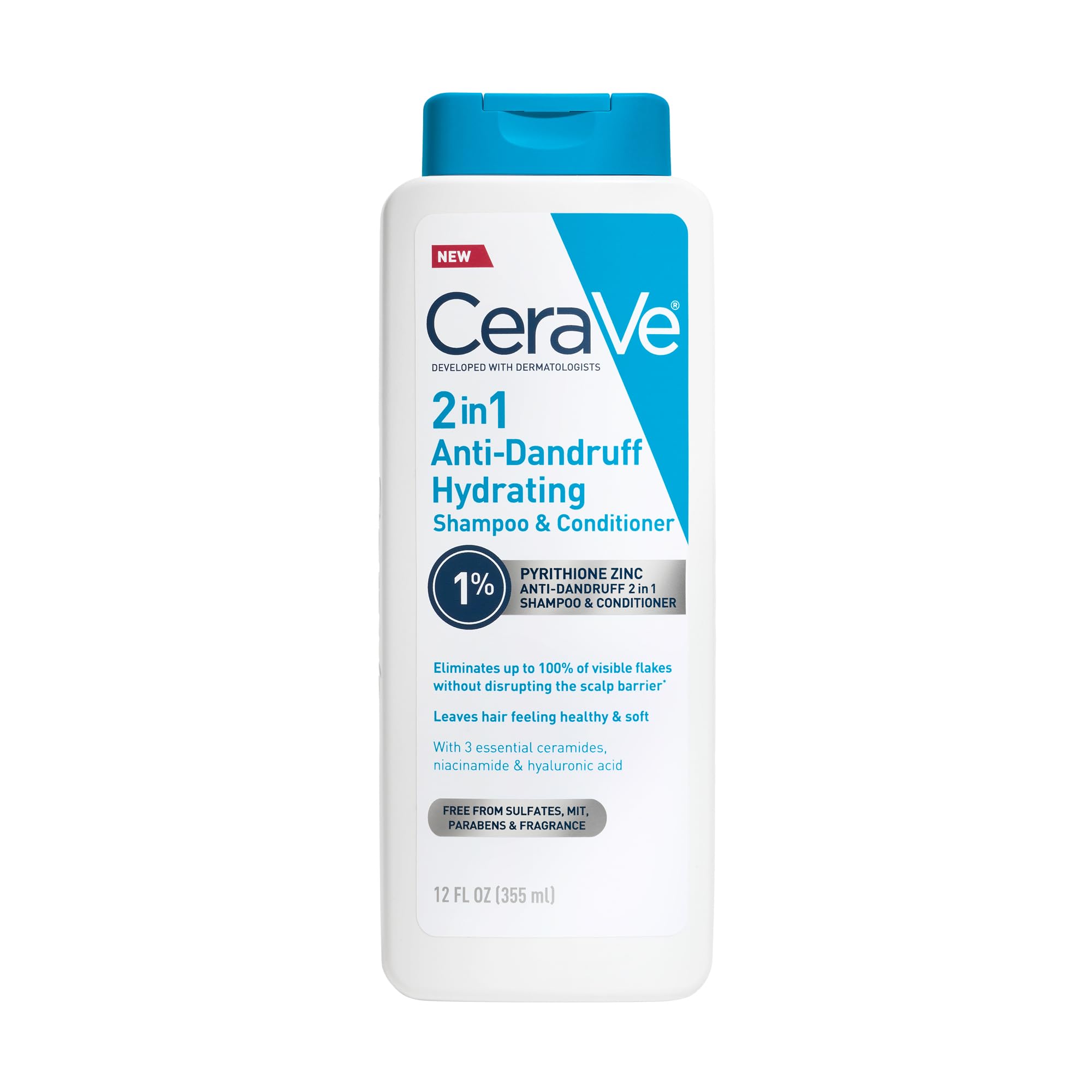 CeraVe 2 In 1 Hydrating Anti Dandruff Shampoo And Conditioner, 12 Fl Oz | 1% Pyrithione Zinc Dandruff Treatment Helps Eliminate Flakes and Relieve Itchy Scalp In A Sulfate-Free, Color-Safe Formula