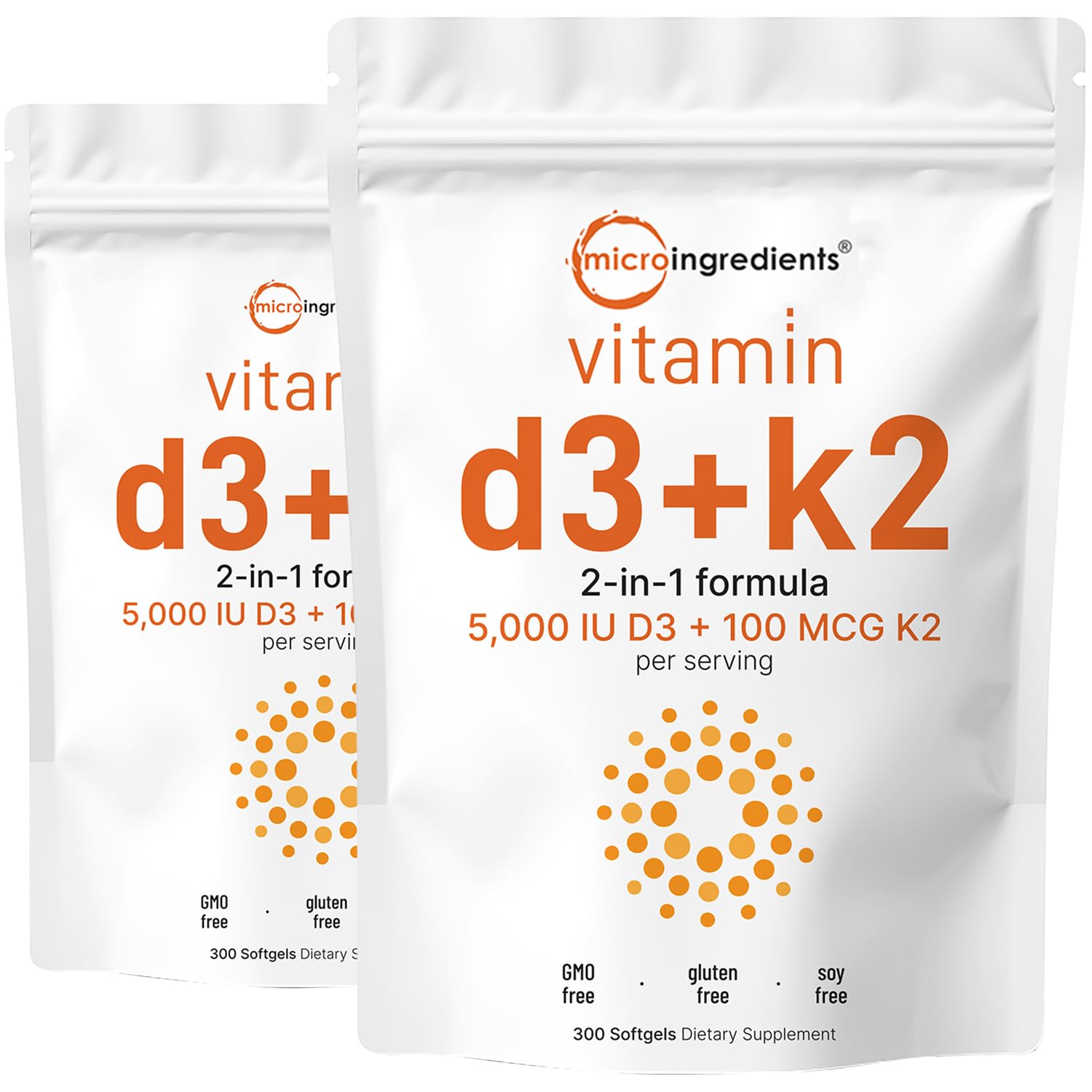 Micro Ingredients Vitamin D3 + K2 MK-7 5,000 IU Per Serving, 300 Softgels | K2 100 mcg Per Serving, D3 & K2 Vitamin Supplement for Women & Men. Easy-to-Swallow, Non-GMO, Gluten Free.