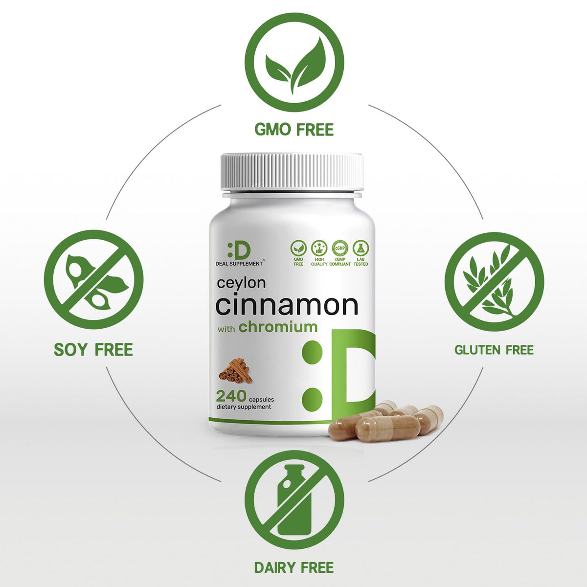 Ceylon Cinnamon with Chromium 1000mcg, 240 Capsules | Active Inner Bark Extract, True Sri Lanka Source | Natural Cinnamon Supplements