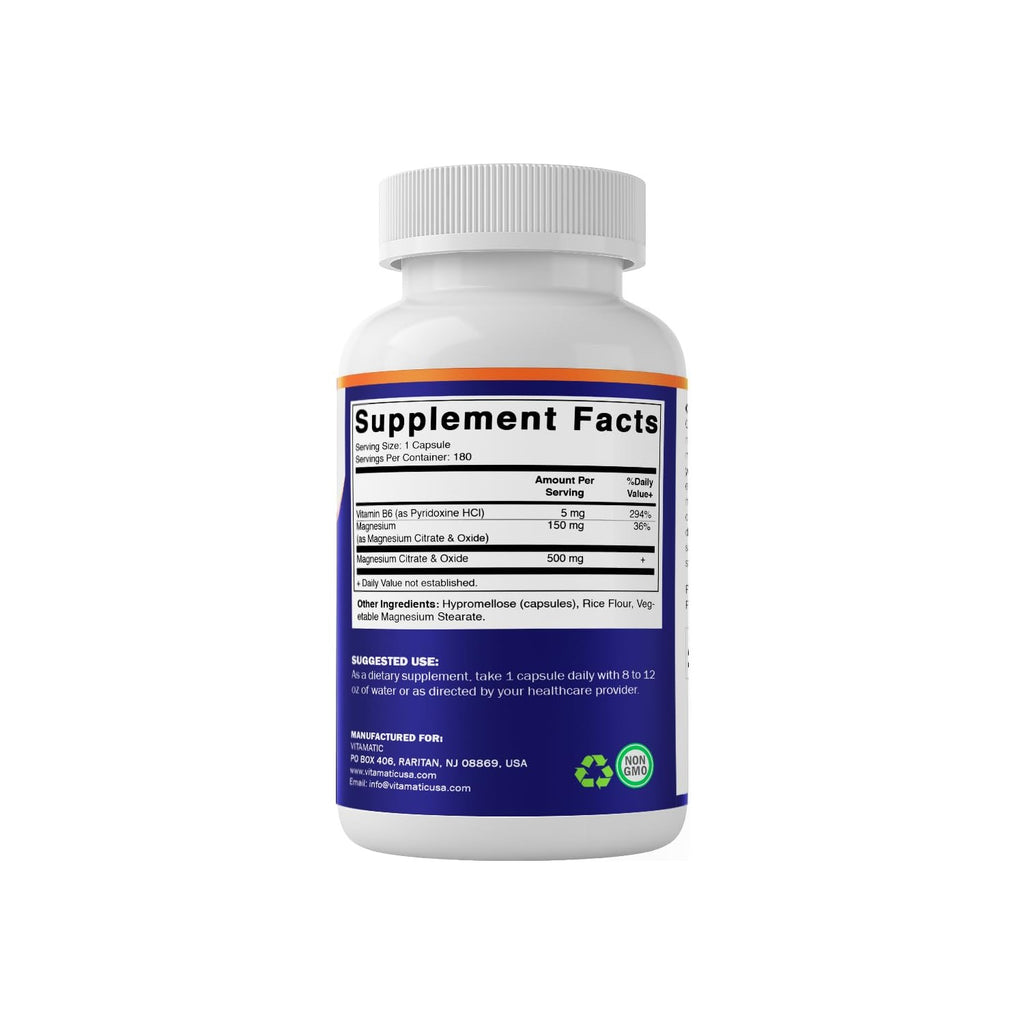 Vitamatic Magnesium Citrate 500mg per Serving - 180 Vegetarian Capsules (Provides 150 mg of Elemental Magnesium) - Added B6 for Maximum Absorption - Supports Muscle, Joint, and Heart Health*