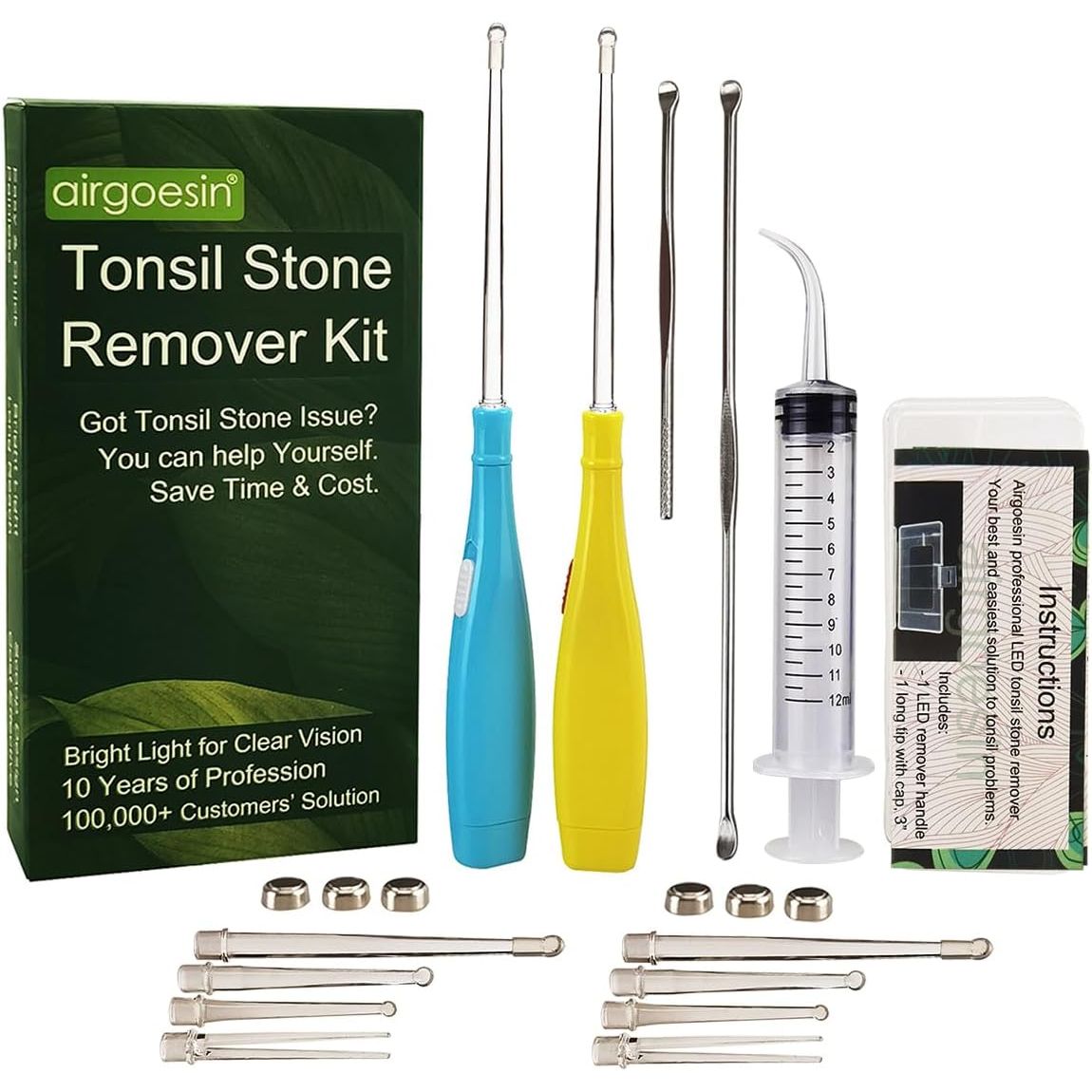 Buy now Airgoesinâ„¢ Upgraded Tonsil Stone Remover Tool, Blue, 5 Tips, Tonsillolith Pick Case + 1 Irrigator Fresh Breath Oral Rinse Blue & Yellow at indiglob india