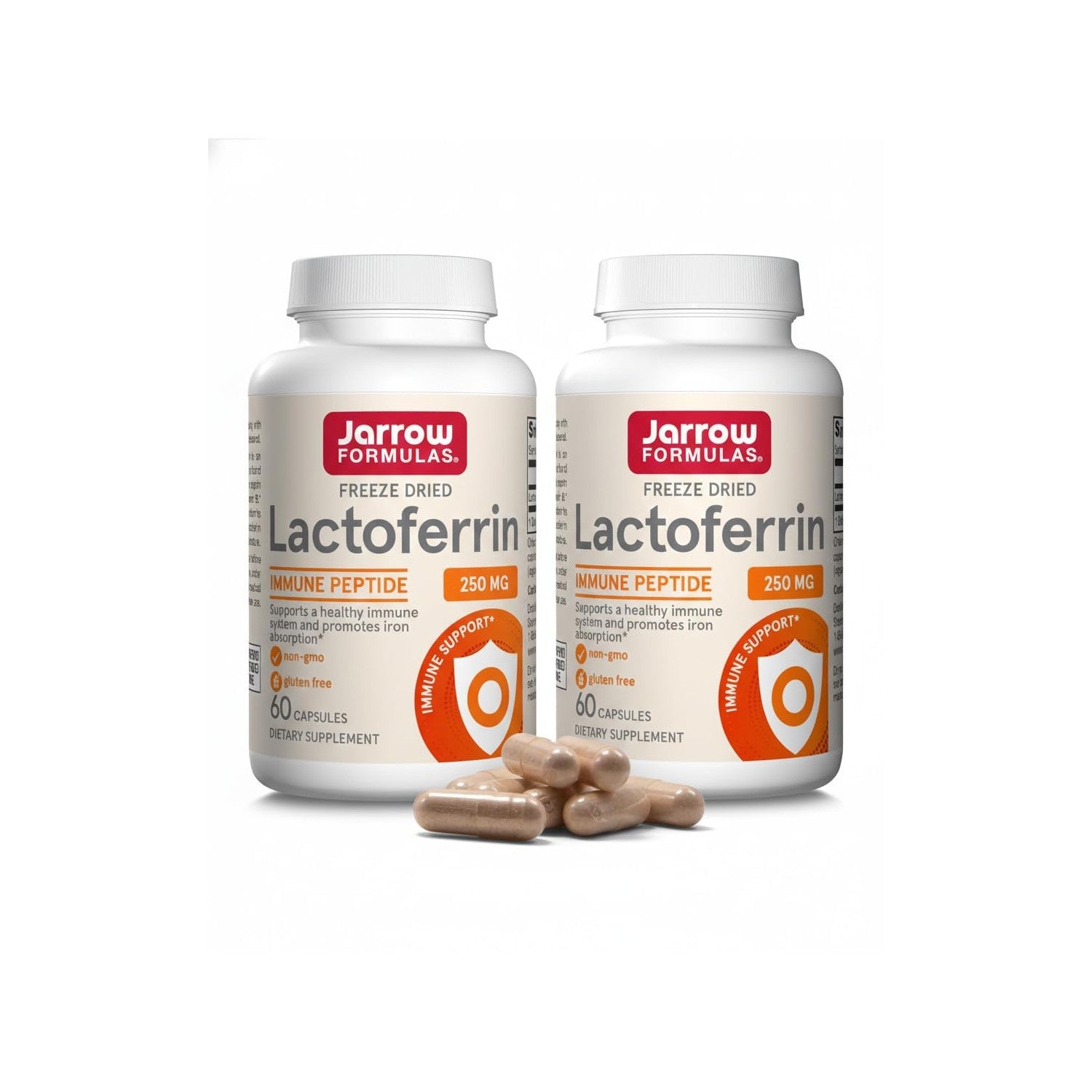 Jarrow Formulas Lactoferrin Supplements 250 mg - Immune-Supporting Glycoprotein for Healthy Immune System Support & Iron Absorption - Freeze Dried, Gluten Free, Non-GMO - 60 Capsules (Pack of 2)