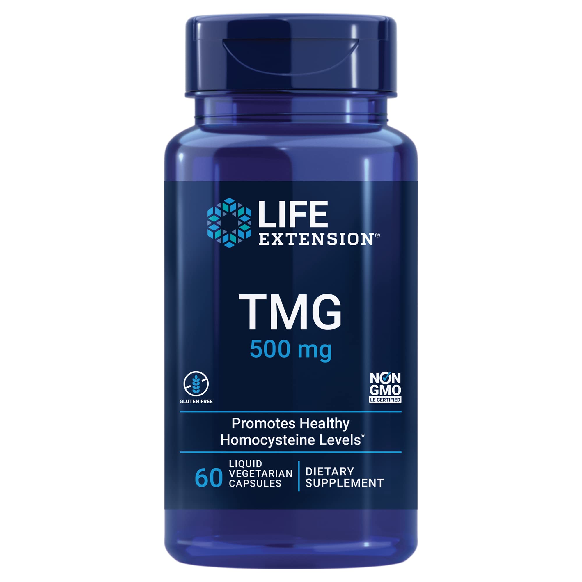 Life Extension TMG, trimethylglycine, Encourages Healthy homocysteine Levels, Non-GMO, Gluten-Free, Vegetarian, 60 Capsules | Trimethylglycine (TMG) Helps Maintain Already Normal Homocysteine Levels, Non-GMO, Gluten-Free & Vegetarian Capsules