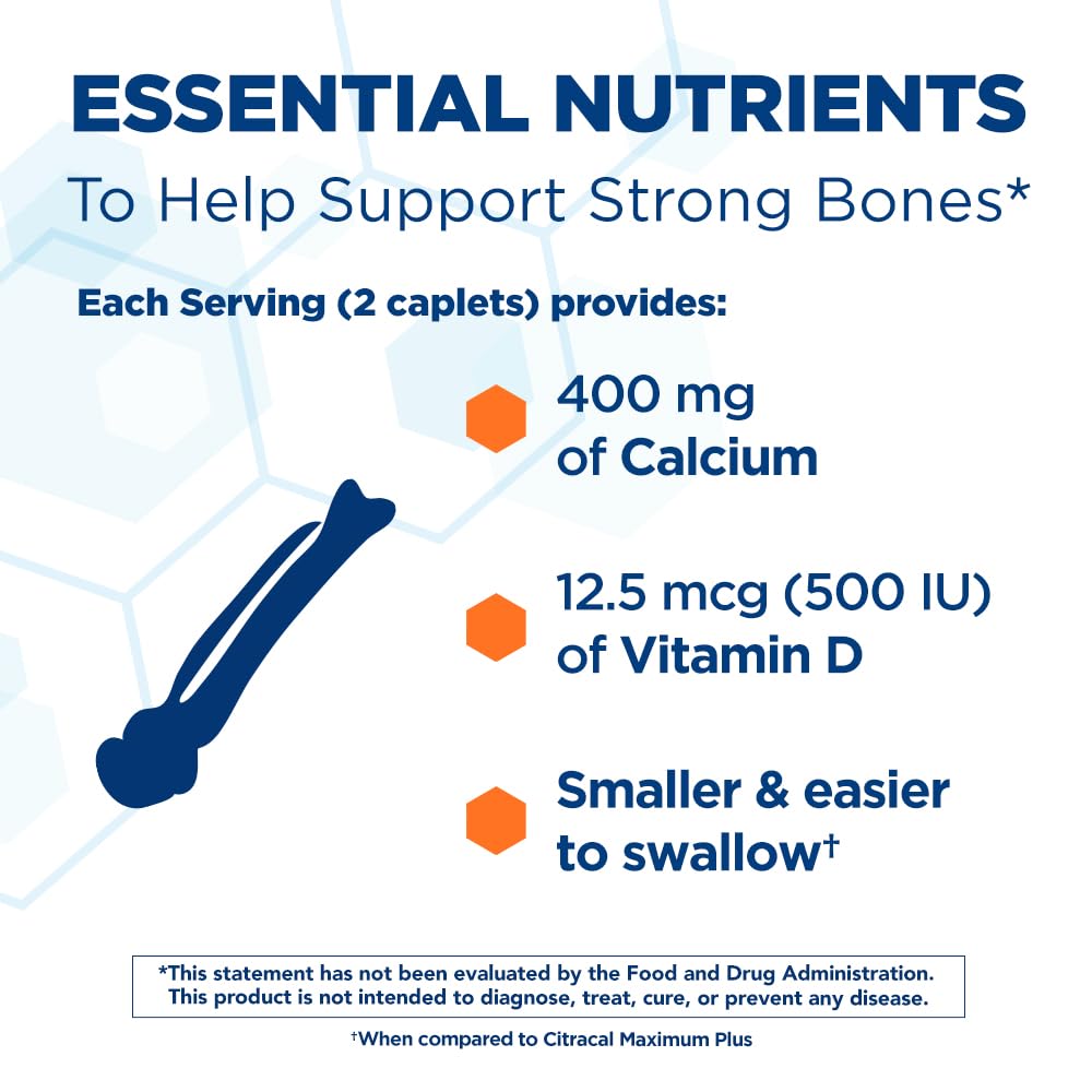 Citracal Petites, 400 mg Calcium Citrate, Easily Absorbed and Highly Soluble with 12.5 mcg (500 IU) Vitamin D3, Smaller and Easier to Swallow Caplets, 200 Count