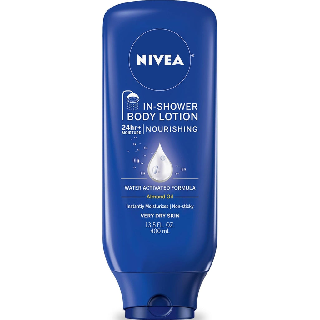 NIVEA Nourishing In Shower Lotion, 24-Hour Body Moisturizer, 13.5 FL OZ | Water Activated In Shower Moisturizer with Almond Oil for Dry to Very Dry Skin, Non Sticky