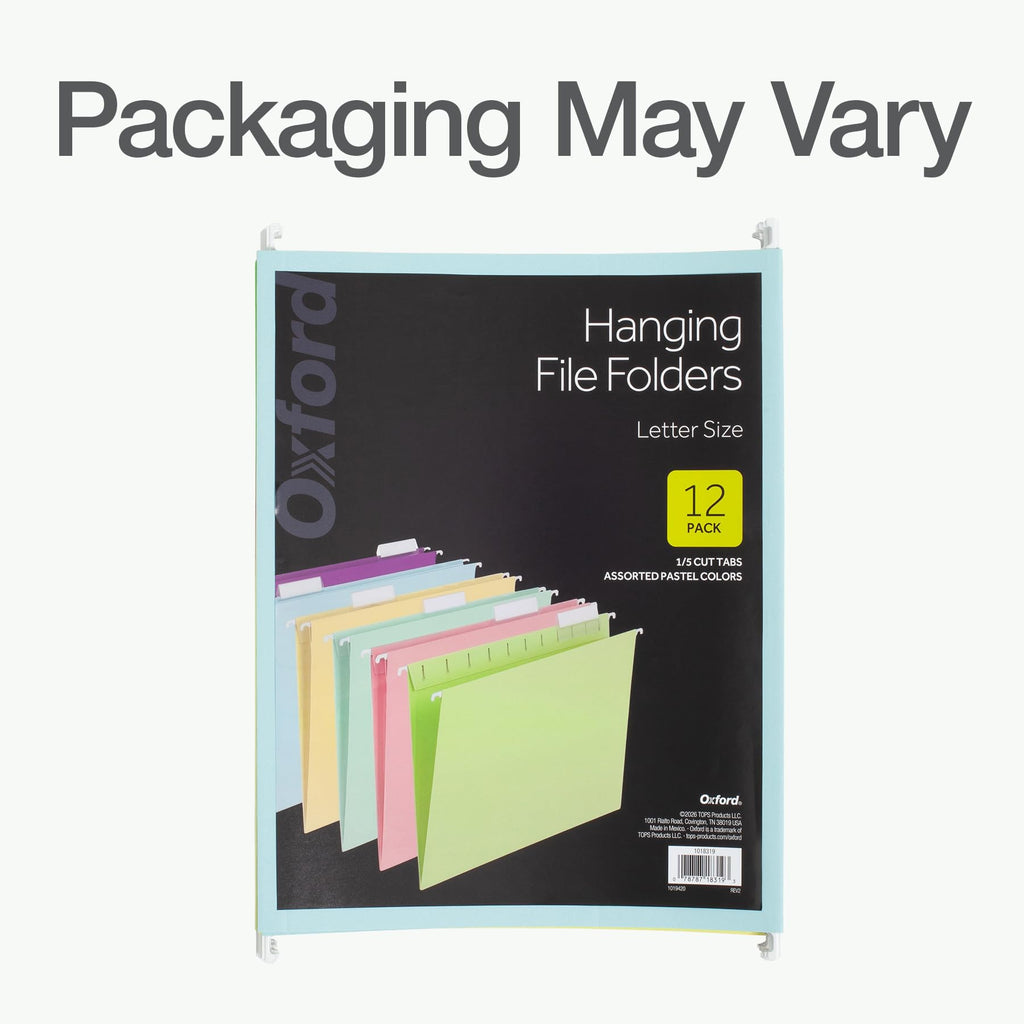 Oxford Hanging File Folders, 12 Pack, Letter Size (8.5" x 11"), 6 Assorted Colors, 5 Tab Positions, Includes Tabs and Inserts, Hanging Files for Office and Document Organization