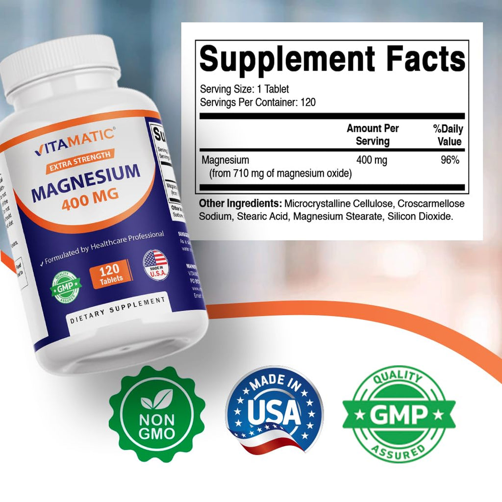Vitamatic Extra Stregth Magnesium Oxide 400 mg 120 Vegetarian Tablets - Supports Muscle, Nerve, and Heart Health* - Made in the USA - Non-GMO & Gluten Free