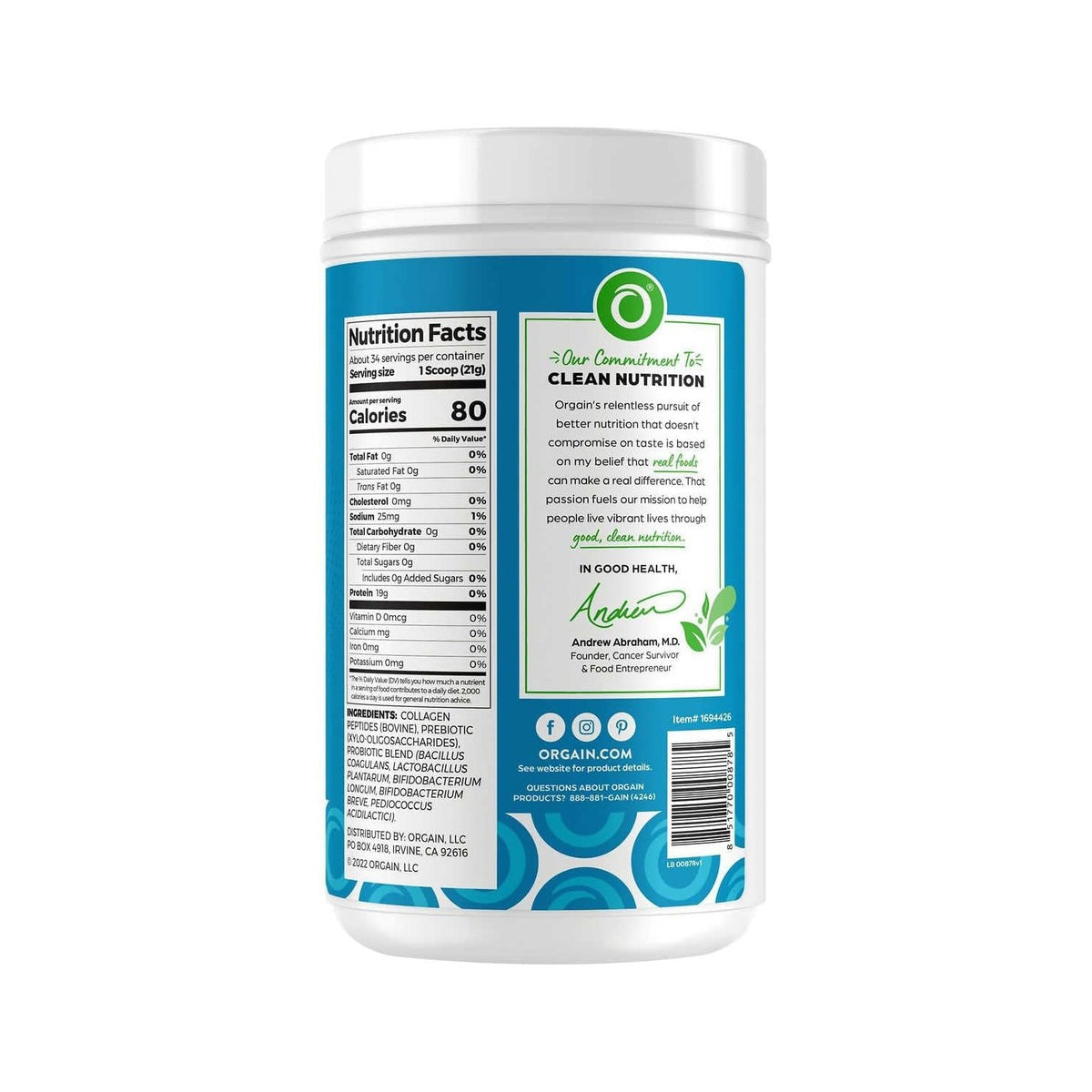 Orgain Collagen +Superfoods with 20 Grams of Grass-Fed Collagen and Vitamin C, Unflavored, 25.6 oz