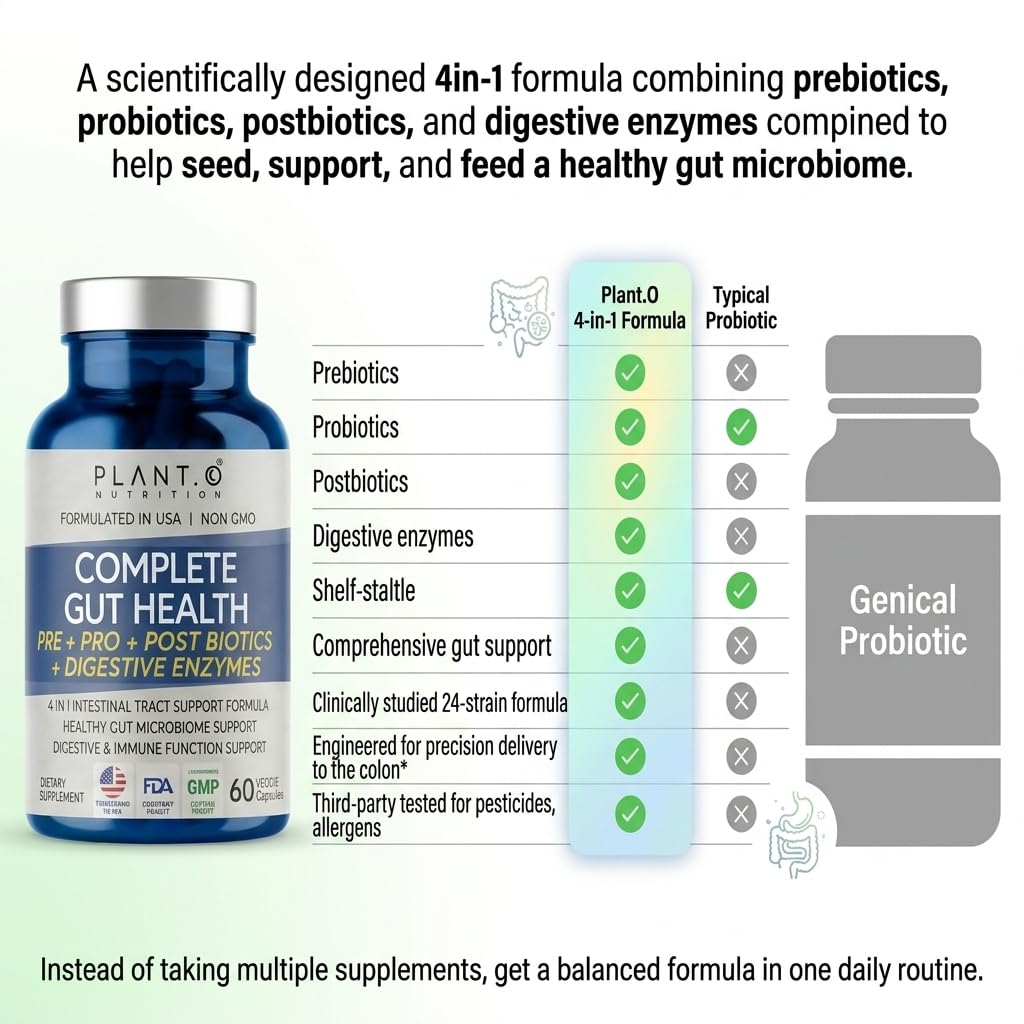 4-in-1 Gut Health Support – Prebiotics + Probiotics + Postbiotics + Digestive Enzymes for Women and Men – DE111 Spore Probiotic for Digestive Support & Bloating – Non-GMO – 60 Veggie Capsules